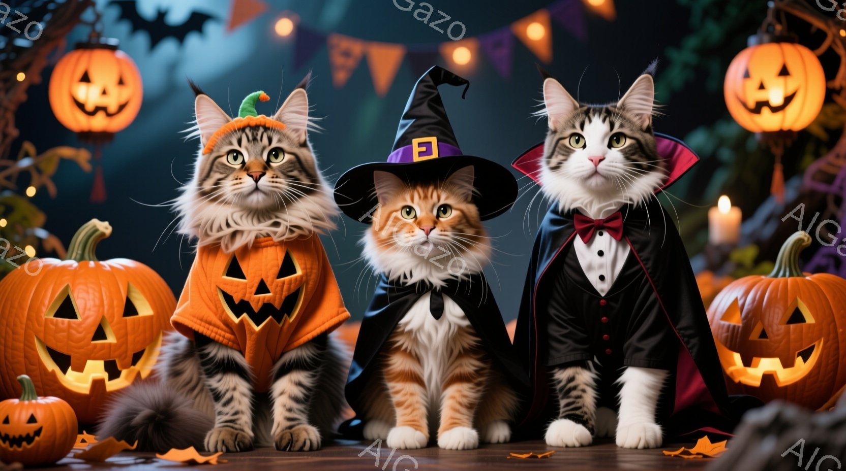 ハロウィーンをテーマにした猫たちが、それぞれ異なるコスチュームを着て座っています。左の猫は、かぼちゃの衣装を着ており、真ん中の猫は魔女の帽子とマントを、右の猫はドラキュラの衣装を着ています。背景には、光るかぼちゃやお菓子、そしてハロウィーンらしい装飾が施されており、お祝いムード満点です。