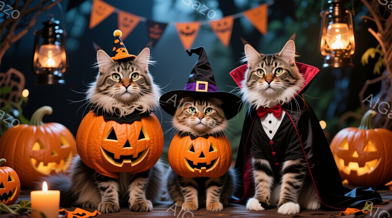 ハロウィーンをテーマにした猫たちが、切り抜かれたジャック・オー・ランタンの中に頭を突っ込んで座っています。左の猫は魔女帽子をかぶり、真ん中の猫はジャック・オー・ランタン、右の猫はドラキュラ風の衣装を着ており、それぞれ異なる表情をしています。背景には、提灯やハロウィーンの装飾が施され、薄暗い雰囲気の中で、お祝いのムードが漂っています。