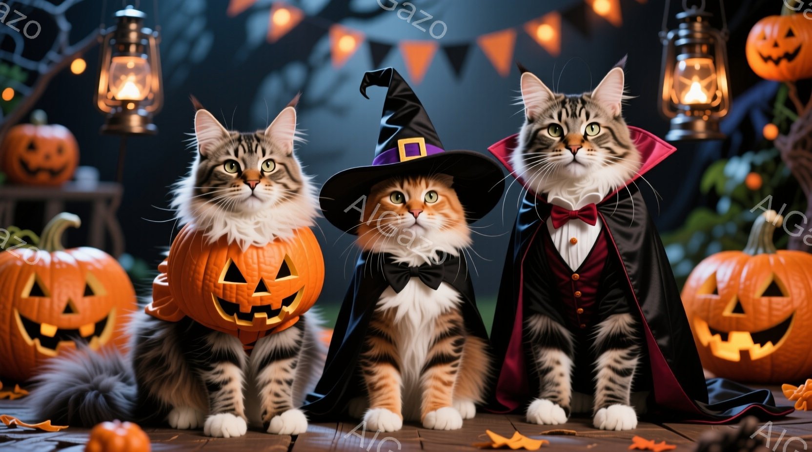 ハロウィーンをテーマにした猫たちの写真です。左の猫はカボチャの中に座り、中央の猫は魔女の帽子と蝶ネクタイをつけ、右の猫はドラキュラのマントと蝶ネクタイを身に着けています。背景には、明るく照らされたカボチャランタン、装飾、そして木々が見え、全体的に楽しげで少し不気味な雰囲気を醸し出しています。
