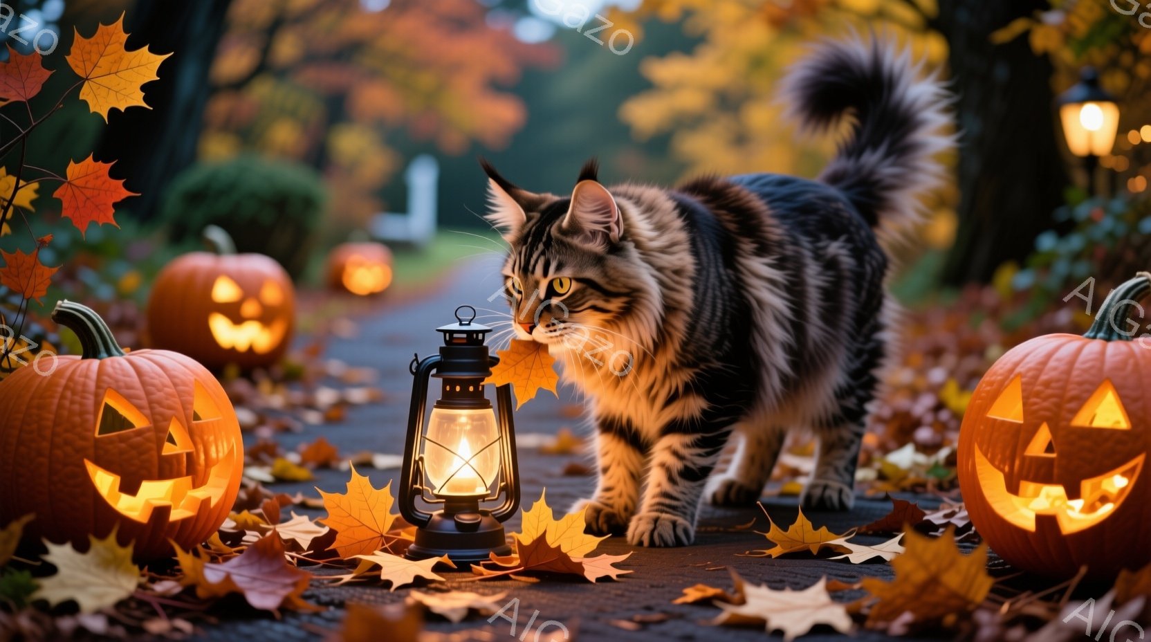 切り株と落ち葉に囲まれた道を進む縞模様の猫が写っています。周囲にはハロウィン用のくり抜かれたカボチャがいくつか置かれ、かすかに光るランタンが猫の近くにあります。背景は秋の木々とぼやけた建物で、全体的に - AI生成フリー素材