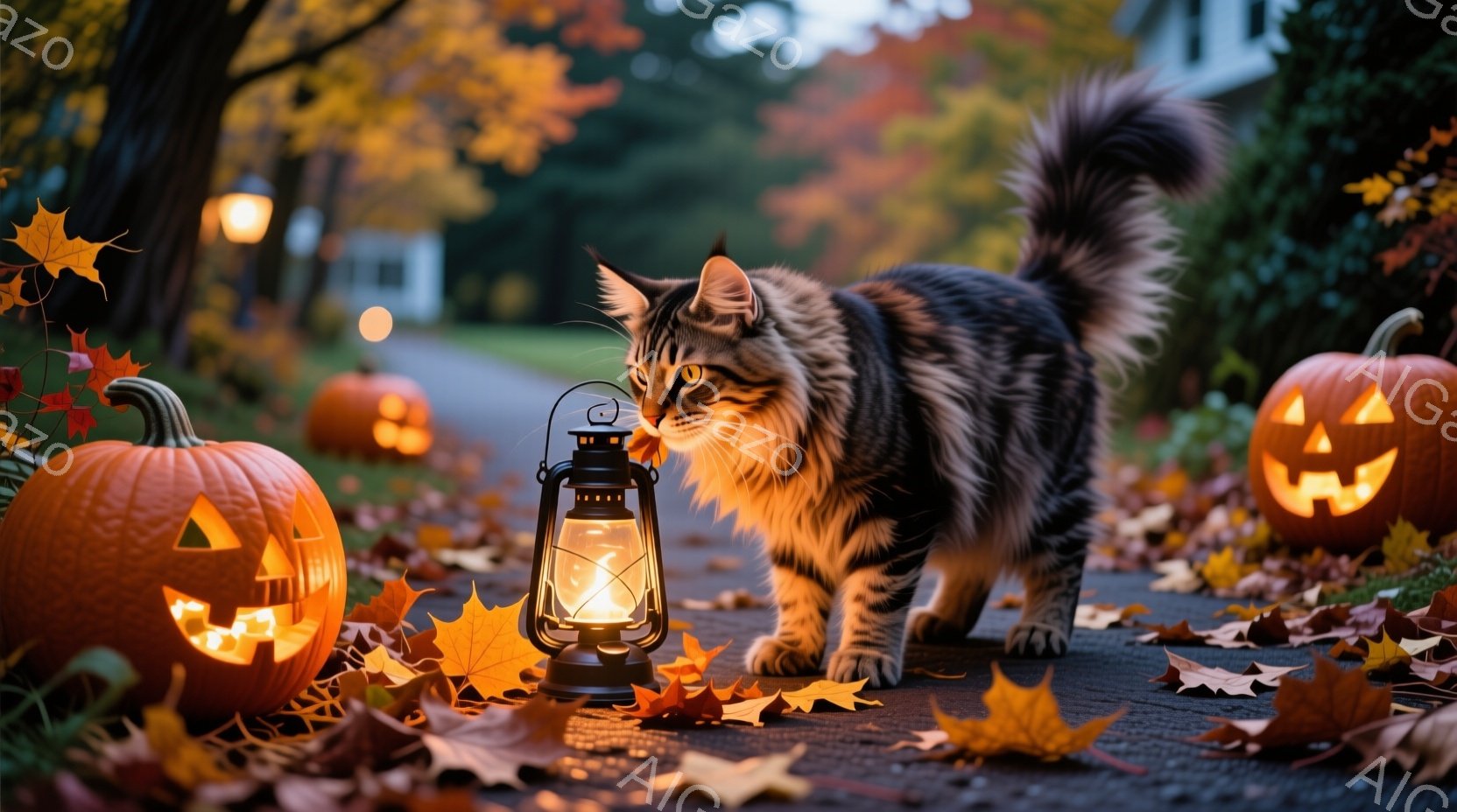 庭の小道に、彫刻が施されたハロウィンのカボチャが並び、その間に猫が歩いている様子が描かれている。猫は茶色と黒の縞模様で、好奇心旺盛な表情で点灯したランタンを見つめている。背景には、秋の紅葉とぼんやりと - AI生成フリー素材