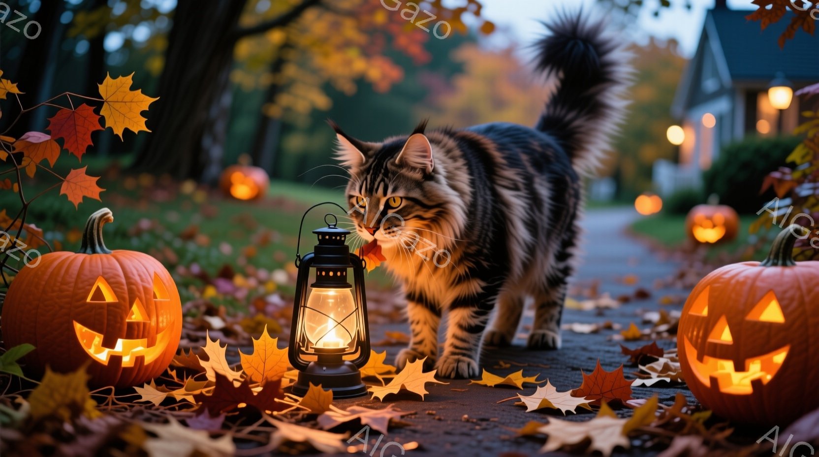 道路には散った紅葉が積もり、ハロウィーンの飾りが灯されています。毛並みの美しい大きな猫が、点灯したランタンの横を歩いており、まるでランタンに興味津々のようです。背景には、温かい光を放つかぼちゃやお屋敷 - AI生成フリー素材