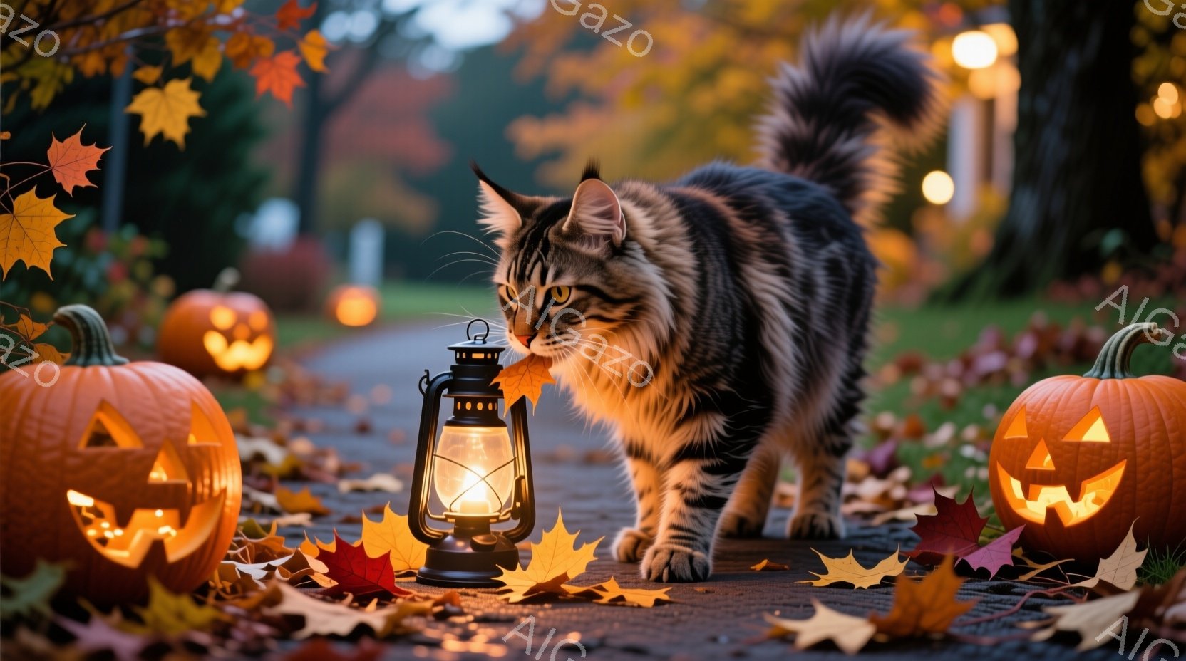 道路にはカボチャのランタンが並び、散りばめられた紅葉が秋の雰囲気を高めている。毛並みの美しい縞模様の猫が、点灯したランタンの近くを注意深く歩いている。背景にはぼやけた建物と木々が見え、穏やかで幻想的な - AI生成フリー素材