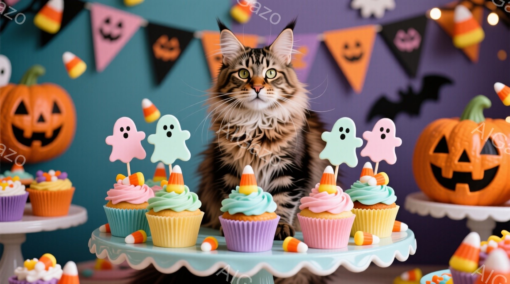 ストライプ柄の猫が、ハロウィーンをテーマにしたケーキの段の上に座っています。ケーキはピンク、紫、水色のアイシングで飾られ、お化けやコーンキャンディーのトッピングが施されています。背景には、カボチャのラ - AI生成フリー素材