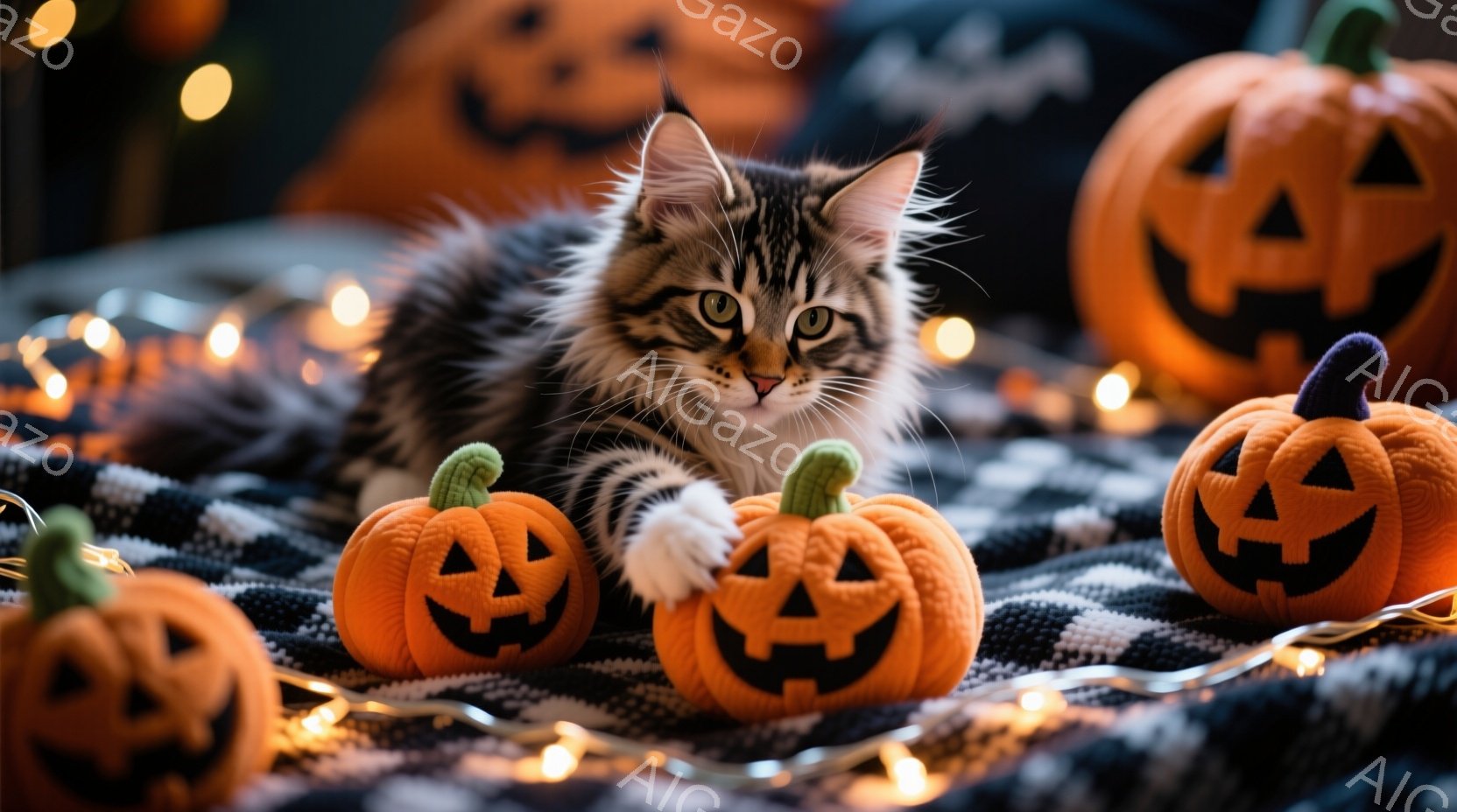白黒模様の猫が、ハロウィーンの装飾であるオレンジ色のジャック・オー・ランタンに囲まれて横たわっています。猫は片足を伸ばして、おもちゃのパンプキンに触れようとしており、興味津々な表情をしています。背景に - AI生成フリー素材