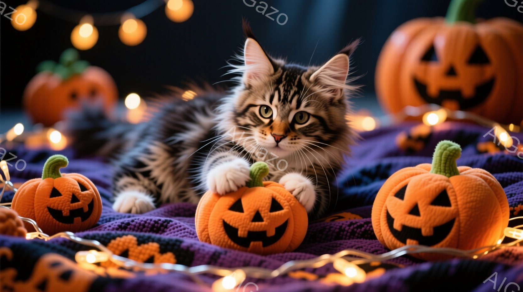 白と茶色の縞模様の小さな子猫が、オレンジ色のジャック・オ・ランタンのぬいぐるみで囲まれた紫色の毛布の上に横たわっています。子猫は前足を伸ばしてリラックスした姿勢で、鋭い緑色の目でカメラを見つめています - AI生成フリー素材