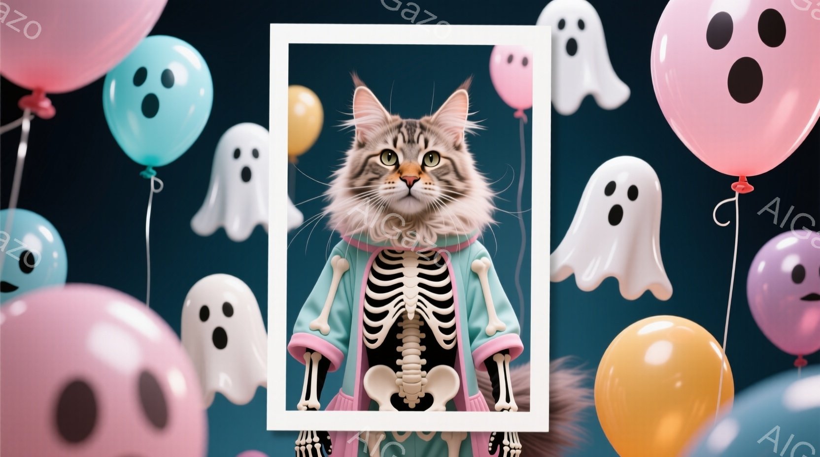 長毛の猫がハロウィーンのコスチュームを着ています。水色のジャケットに白い骸骨のデザインが施されており、まるで幽霊とスケルトンのハイブリッドのような印象を与えます。背景には、ピンク、水色、そして白の顔の - AI生成フリー素材