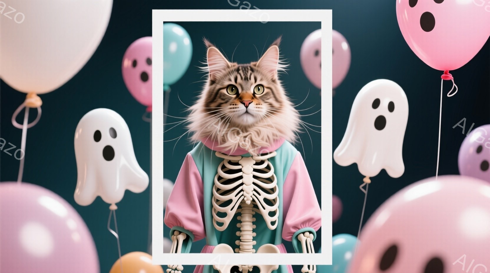 白いフレームの中に、骨格模様がプリントされたピンクとターコイズ色のジャケットを着た猫が写っています。猫は正面を見つめ、わずかに口を開けています。背景には、お化けの顔が描かれたピンクとオレンジ色の風船が浮かび、ハロウィーンらしい陽気な雰囲気を作り出しています。