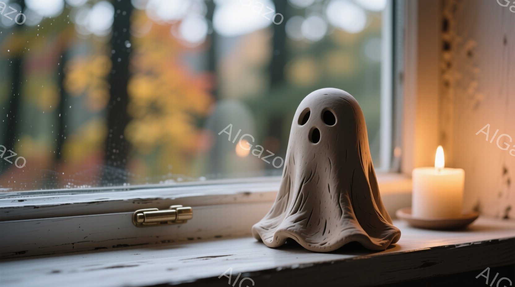 白い窓辺に、可愛らしいお化けの置物が置かれています。その隣には、明かりを灯したクリーム色のキャンドルが置かれ、ぼんやりと暖かく優しい光を放っています。背景には秋の紅葉が広がる木々が見え、雨が降る薄暗い窓の外が、少し寂しげで落ち着いた雰囲気を醸し出しています。