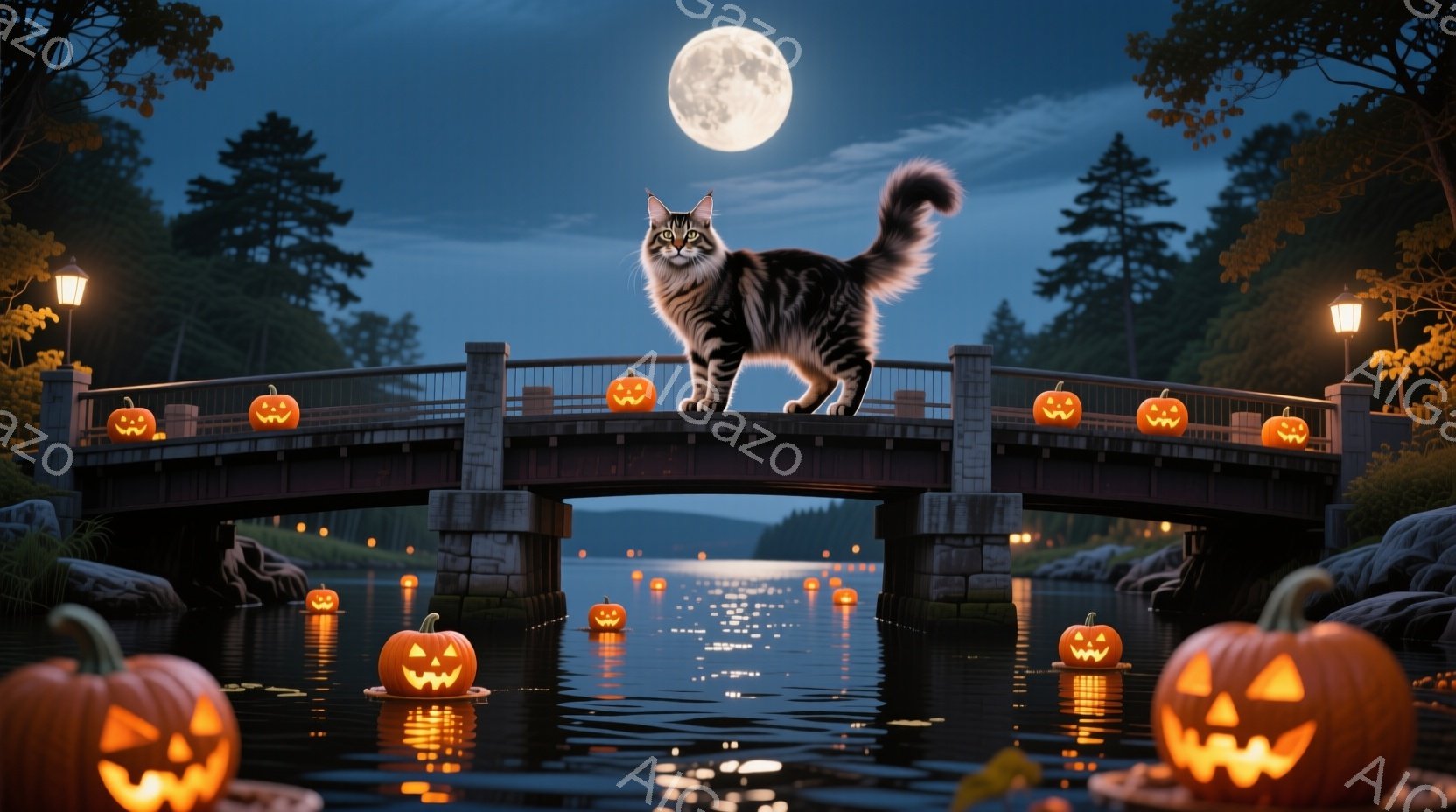 暗い水面にはたくさんのジャック・オー・ランタンが浮かび、古びた石橋の上には縞模様の猫が堂々と立っている。満月が夜空を照らし、橋の周りの木々がシルエットとなって神秘的な雰囲気を醸し出している。全体的にハ - AI生成フリー素材