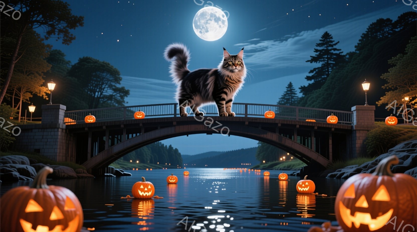 月明かりの下、石造りのアーチ橋の上で、縞模様の猫が誇らしげに立っている。橋の下の穏やかな水面には、ハロウィーンのランタンであるたくさんのジャック・オー・ランタンが浮かび、周囲の暗い森と合わせて幻想的な - AI生成フリー素材