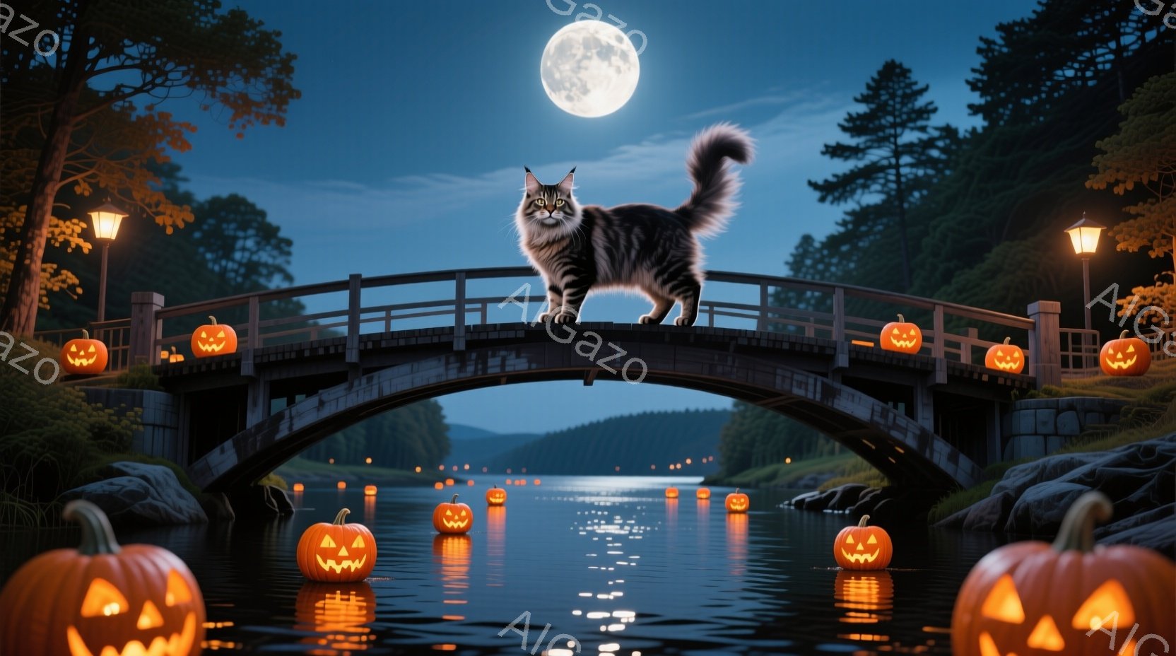 橋の上に灰色の縞模様の猫が立っており、背中は少し丸まっています。夜空には満月が輝き、水面と橋の上にはたくさんのジャック・オー・ランタンが浮かび、不気味でありながら幻想的な雰囲気を醸し出しています。背景 - AI生成フリー素材