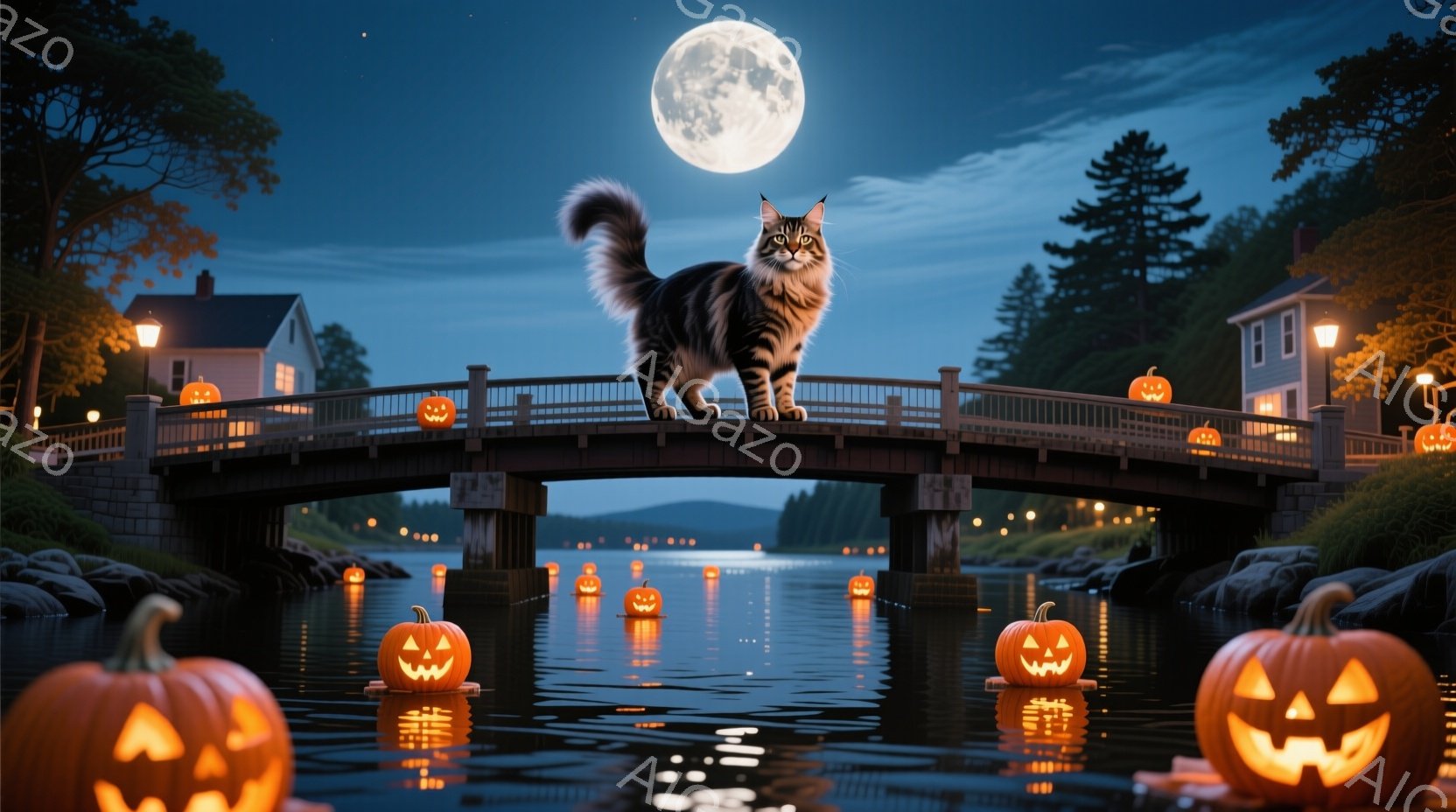 古い石造りの橋の上で、縞模様の猫が堂々と立っている。満月の光が水面に反射し、数多くのジャック・オー・ランタンが橋の下の川を照らし出す、ハロウィンの夜の幻想的な光景が広がっている。背景には、木々が生い茂 - AI生成フリー素材