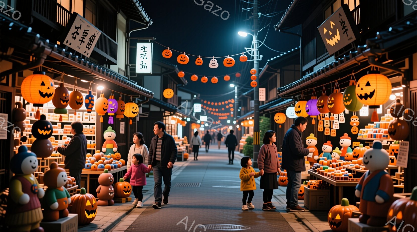 石畳の道に沿って、多くの人々がハロウィーンの飾り付けがされた古い街並みを歩いている。人々はカジュアルな服装で、家族連れもおり、温かい光に照らされた背景には、カボチャのランタンやカボチャを模した様々な置 - AI生成フリー素材