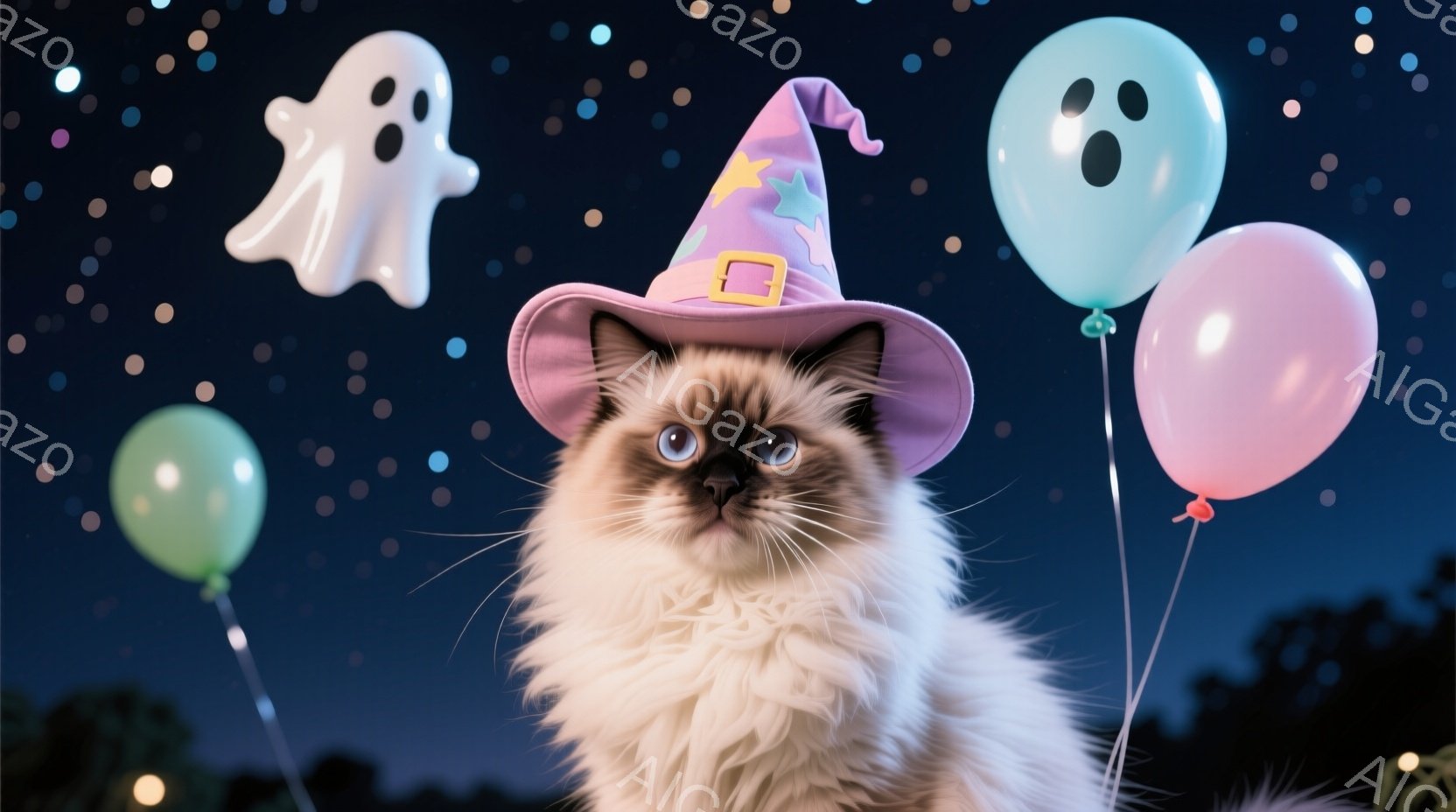 ふわふわのクリーム色の長毛猫が、紫色の魔法使いの帽子をかぶって正面を見つめています。猫の周りには、水色の幽霊とピンクや水色の風船が浮かび、夜空には星が散りばめられています。背景は暗い空とぼやけた緑の木 - AI生成フリー素材