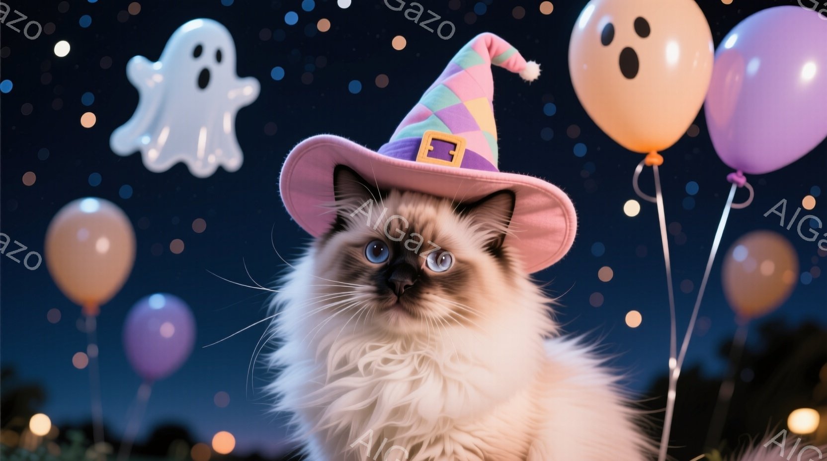 ふわふわの白と茶色の長毛猫が、ピンク色の魔女帽子を被ってこちらを見ています。背景は夜空で、オレンジ、紫、ピンクのハロウィーン風の風船と、可愛らしい幽霊のイラストが浮かんでいます。全体的に、ファンシーで遊び心のある、ハロウィーンの雰囲気が漂っています。