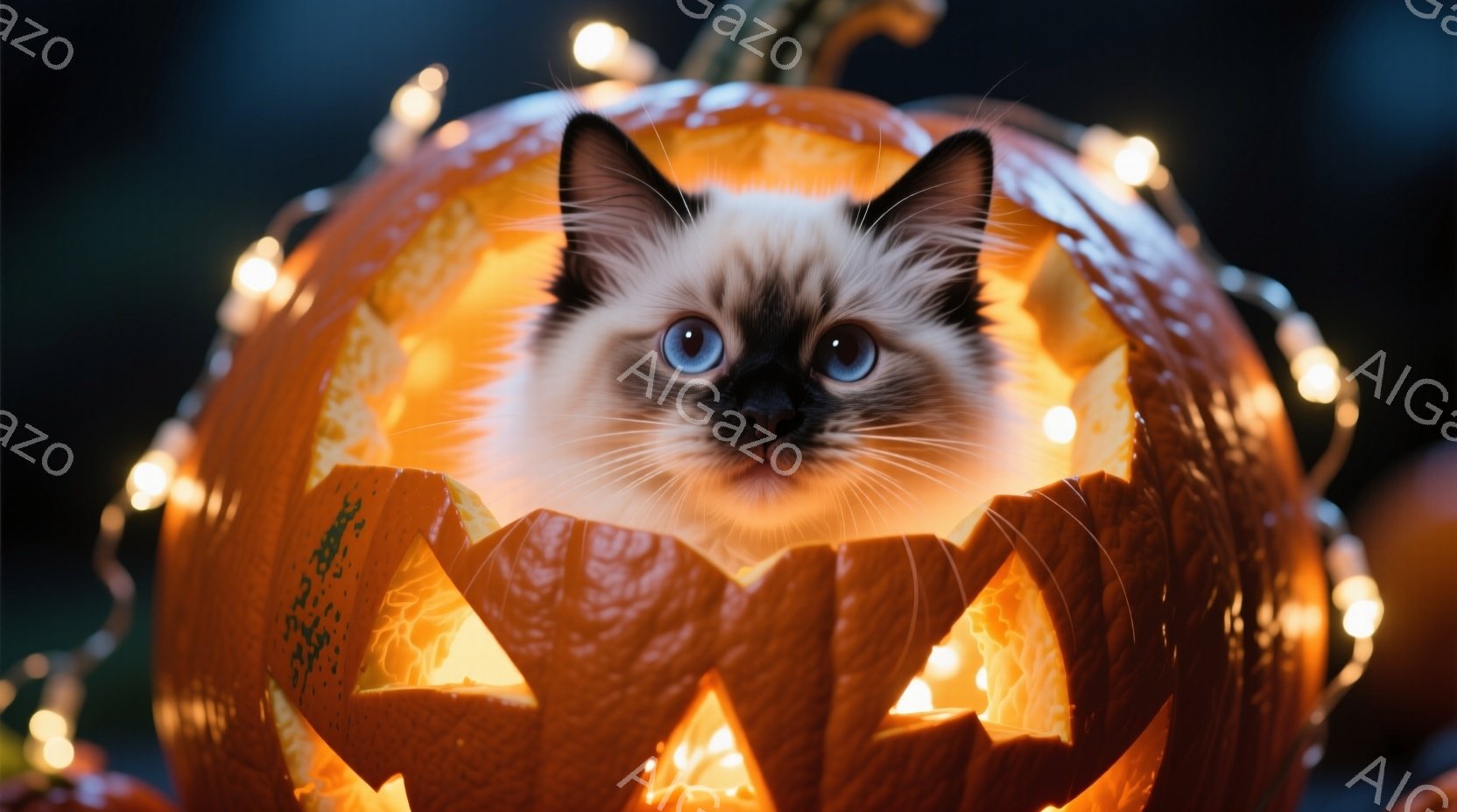 白くてふわふわの猫が、くり抜かれたハロウィンのカボチャの中に頭を出しています。カボチャはオレンジ色に光り、猫の青い瞳を際立たせています。背景にはぼやけた光の帯があり、暖かくお祝いの雰囲気です。 - AI生成フリー素材