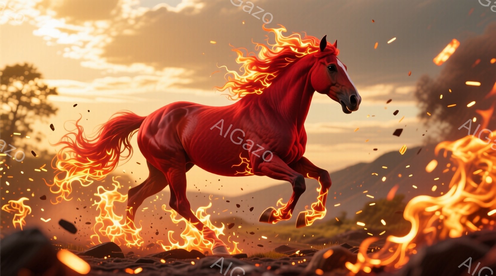 燃え盛る炎のような毛並みを持つ一頭の馬が、荒野を疾走している。馬の鬣と尾は炎のように燃え上がり、足元からは火花が散りばめられている。背景には穏やかな山々と、夕焼けに染まる空が広がり、馬の力強さと神秘的 - AI生成フリー素材