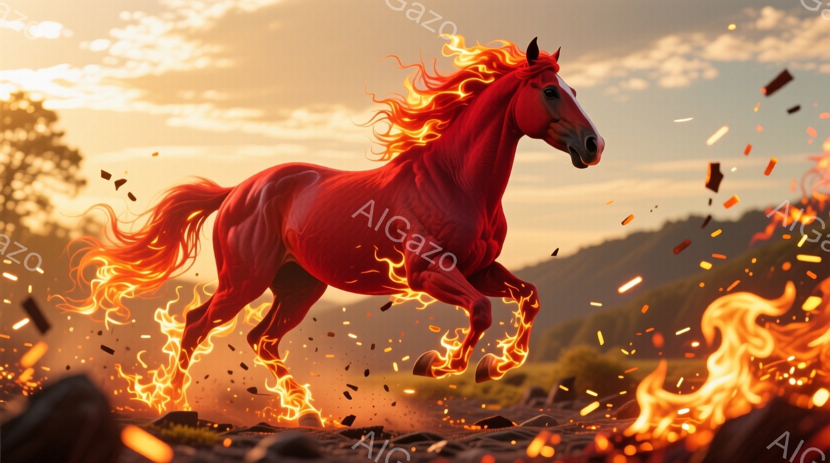 赤い馬が炎をまとって疾走している様子が描かれている。馬の鬣と脚は炎のように燃え上がり、周囲には火花が舞っている。背景には緑の丘と、夕焼けのような暖かい光が広がり、力強く幻想的な雰囲気を醸し出している。 - AI生成フリー素材