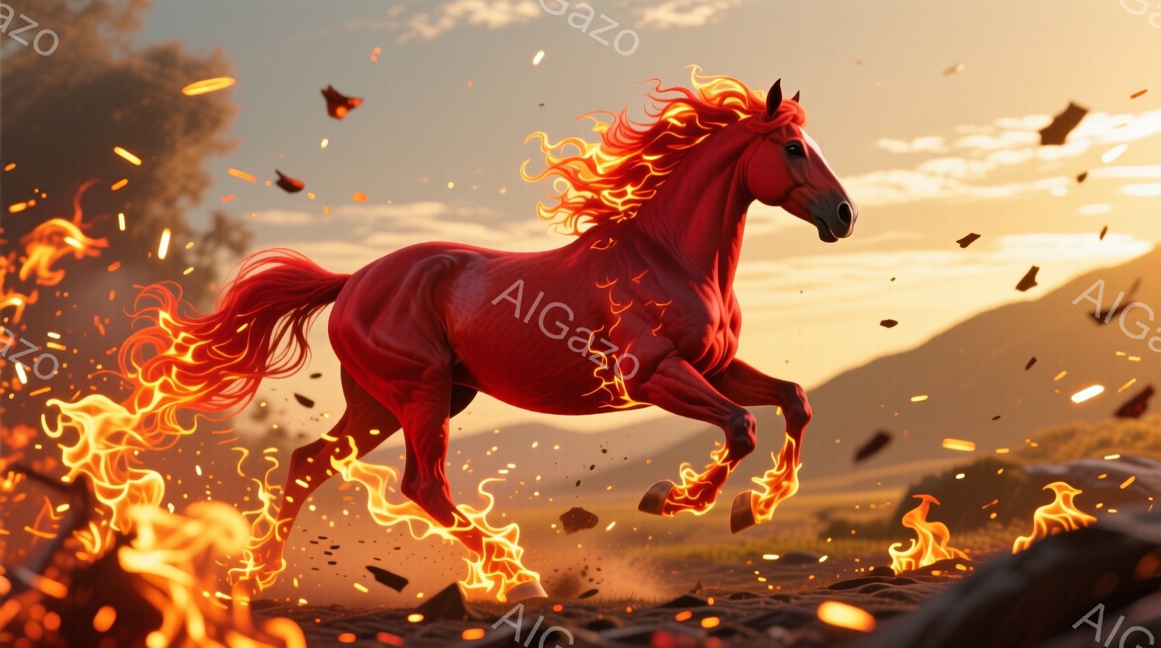 真っ赤な炎を纏った馬が、荒野を疾走している。炎は馬の鬣や脚元から燃え上がり、まるで生きている炎の化身のようだ。背景には夕焼けのようなオレンジ色の空と、荒涼とした岩場が広がり、馬の力強い躍動感と神秘的な - AI生成フリー素材