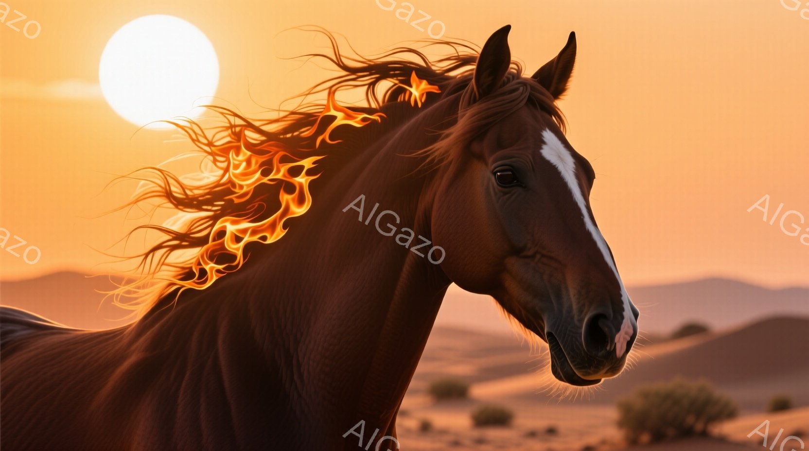 深い栗色の馬が、燃え盛る炎のような鬣をなびかせながら、力強く前を見据えている。背景には砂漠の丘陵と、夕焼けのような暖色の空が広がり、馬のシルエットを際立たせている。全体的に、荒々しくも美しい、力強い生命力を感じさせる雰囲気である。