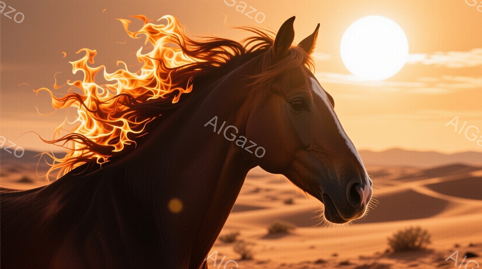 茶色の馬が砂漠を疾走しており、そのたてがみは燃え盛る炎のように表現されている。背景にはうねる砂丘と、太陽が照りつけるオレンジ色の空が広がっており、力強く、幻想的な雰囲気を醸し出している。馬の表情は力強く、自由奔放な野生馬の姿を彷彿とさせる。