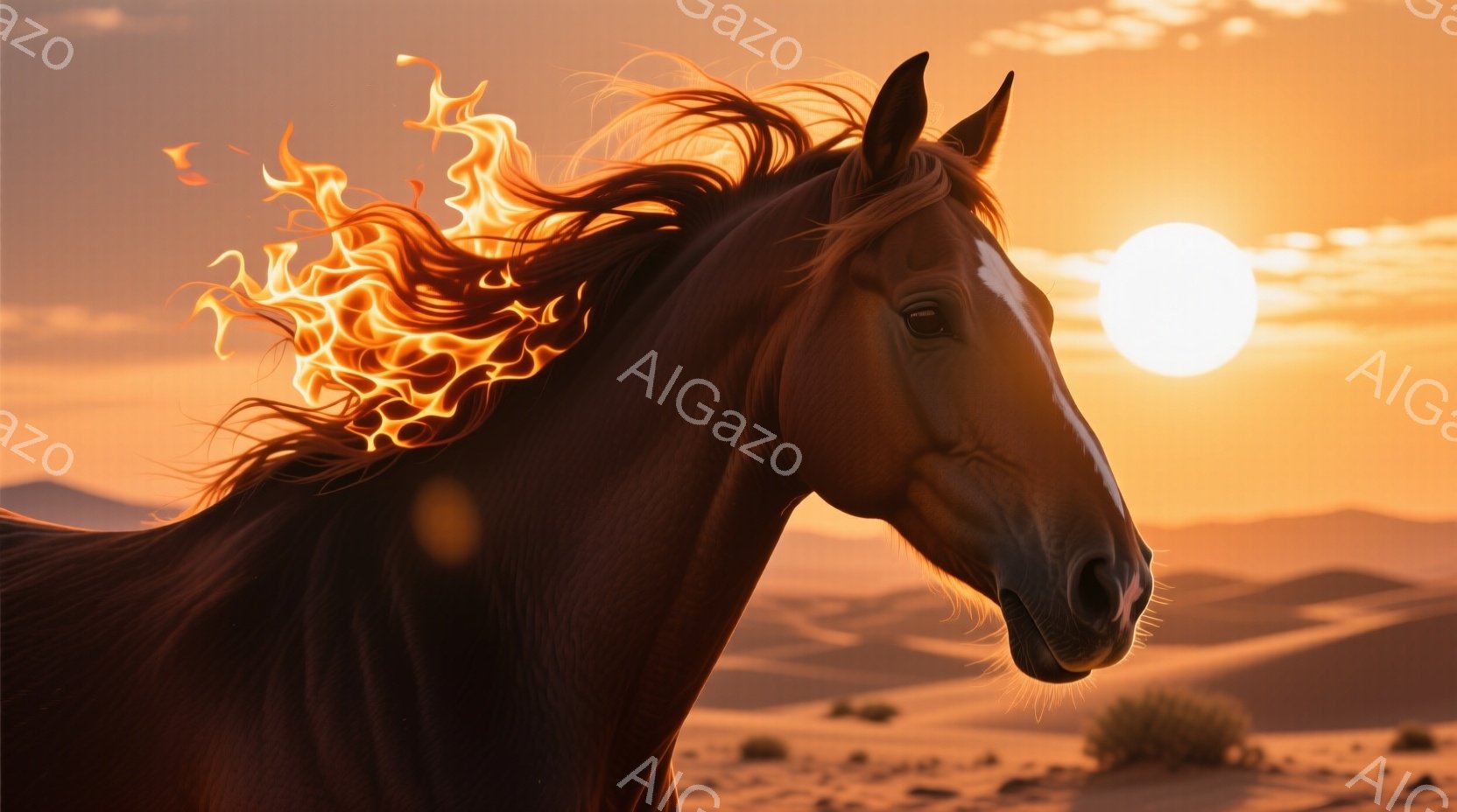 燃えるような鬣を持つ栗色の馬が、砂漠の中を疾走している様子が描かれている。背景には、夕焼けに染まる砂丘と、燃えるような太陽が広がり、力強く、幻想的な雰囲気を醸し出している。馬の表情は力強く、その姿は自由奔放で、荒野を駆け抜ける野生のイメージを想起させる。