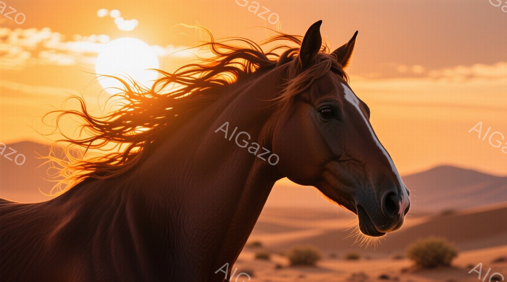 堂々とした栗毛の馬が、夕焼けに照らされた砂漠の風景の中で、頭を高く上げて立っている。たてがみと尾が風に舞い、力強い生命力を感じさせる。背景には砂丘と、ぼんやりとした山々が見え、空はオレンジと赤のグラデーションで染め上げられ、ドラマチックな雰囲気を醸し出している。