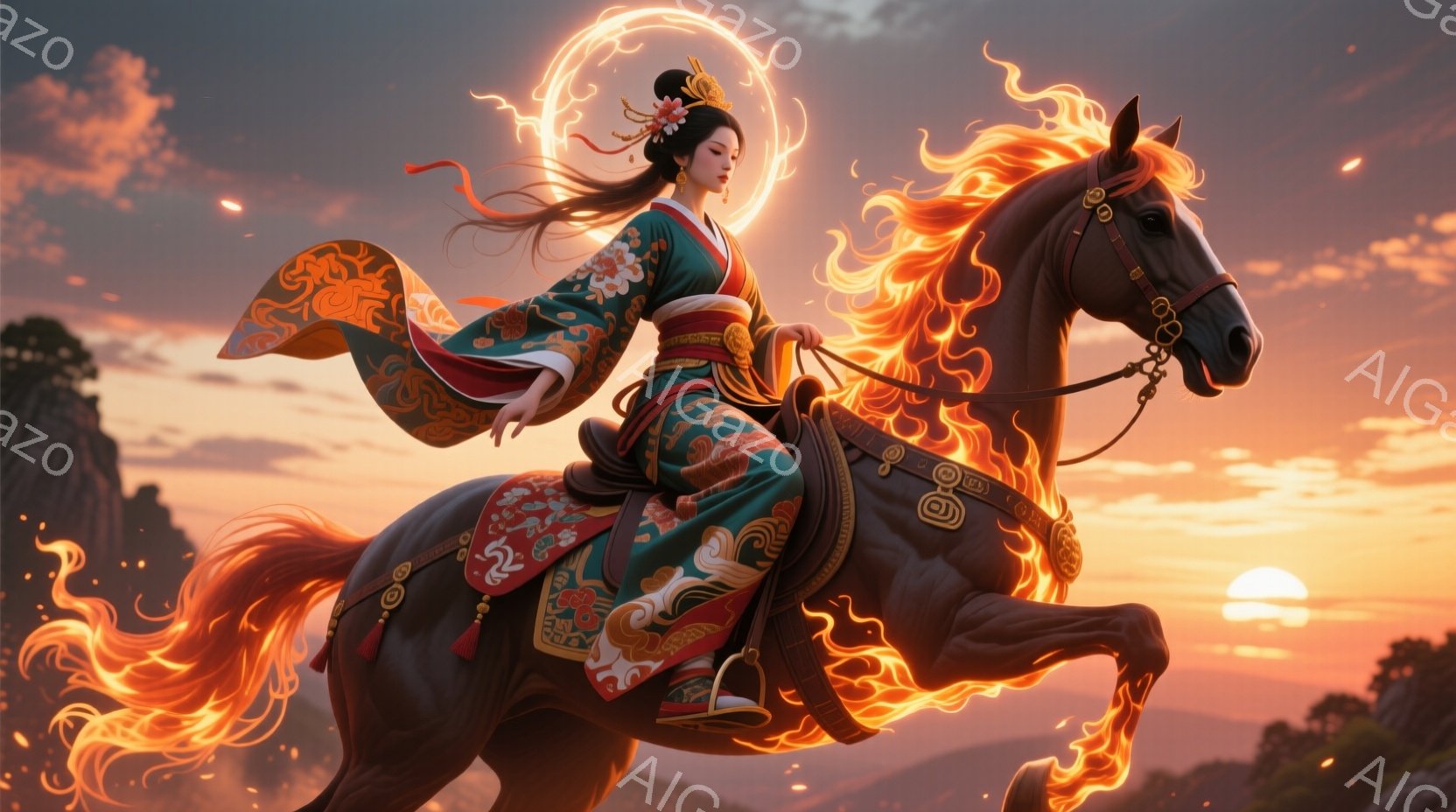 鮮やかな緑と金色の衣装を身に着けた女性が、燃え盛る鬣と体を持つ黒い馬にまたがっています。彼女は長い黒髪を後ろに解き、落ち着いた表情で前方を向いています。背景には夕焼け空と、霞んだ山々が広がり、燃え盛る - AI生成フリー素材