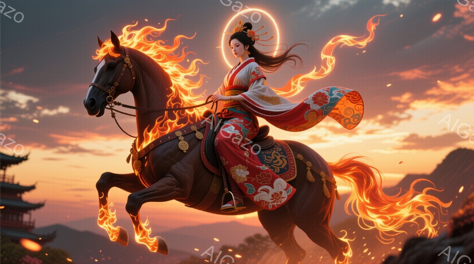 燃えるような夕焼けを背景に、華やかな衣装をまとった女性が、炎に包まれた馬に乗って疾走している。女性は黒髪を長く伸ばし、頭には飾りを付けている。馬は力強く駆けており、女性と馬の周囲には炎が舞い散り、力強く神秘的な雰囲気を醸し出している。