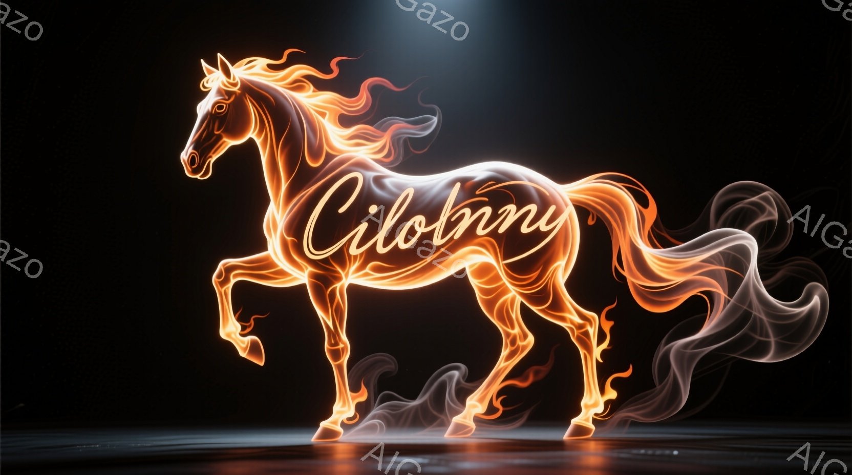 燃え盛る炎で形作られた馬が描かれている。力強く駆ける姿は、その輪郭をぼかしながらも躍動感にあふれ、まるで炎そのものが生命を得たかのようだ。背景は暗闇で、床に反射する光が馬のシルエットを強調し、神秘的で - AI生成フリー素材