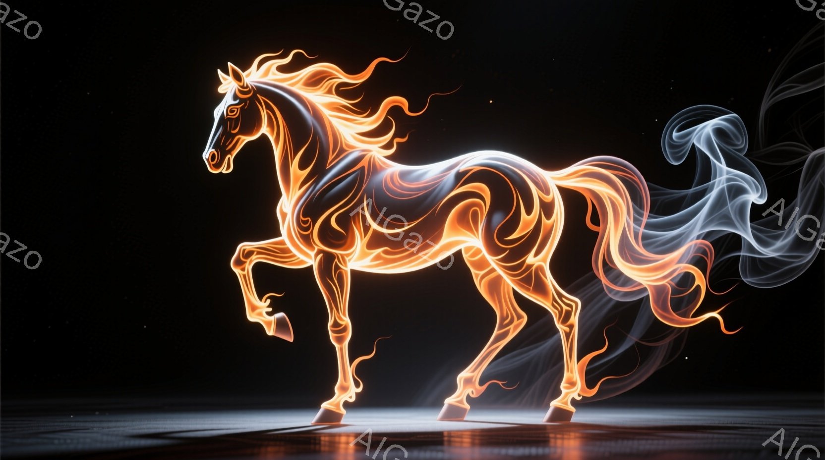 燃え盛る炎のような馬が、暗い背景の中で力強く佇んでいます。その姿は、まるで炎が実体化したかのようで、流れるような曲線と鮮やかな色彩が印象的です。地面には馬の影が映り込み、神秘的な雰囲気を醸し出しています。