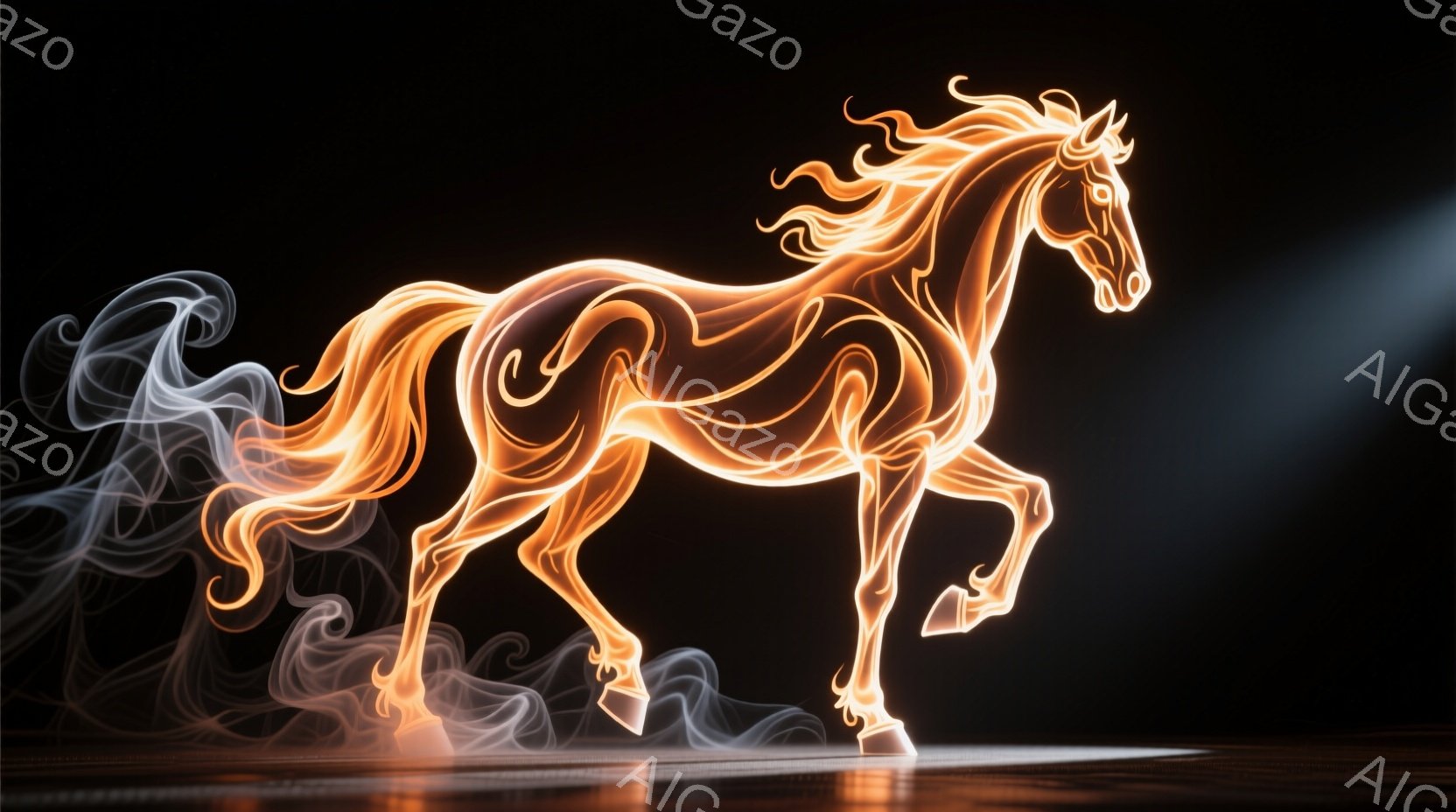 燃え盛る炎のような馬が、暗い背景の中で躍動している。馬の体はオレンジと黄色の光の線で構成され、流れるような鬣と尾が特徴的だ。足元には白い煙が立ち込め、神秘的で力強い雰囲気を醸し出している。 - AI生成フリー素材