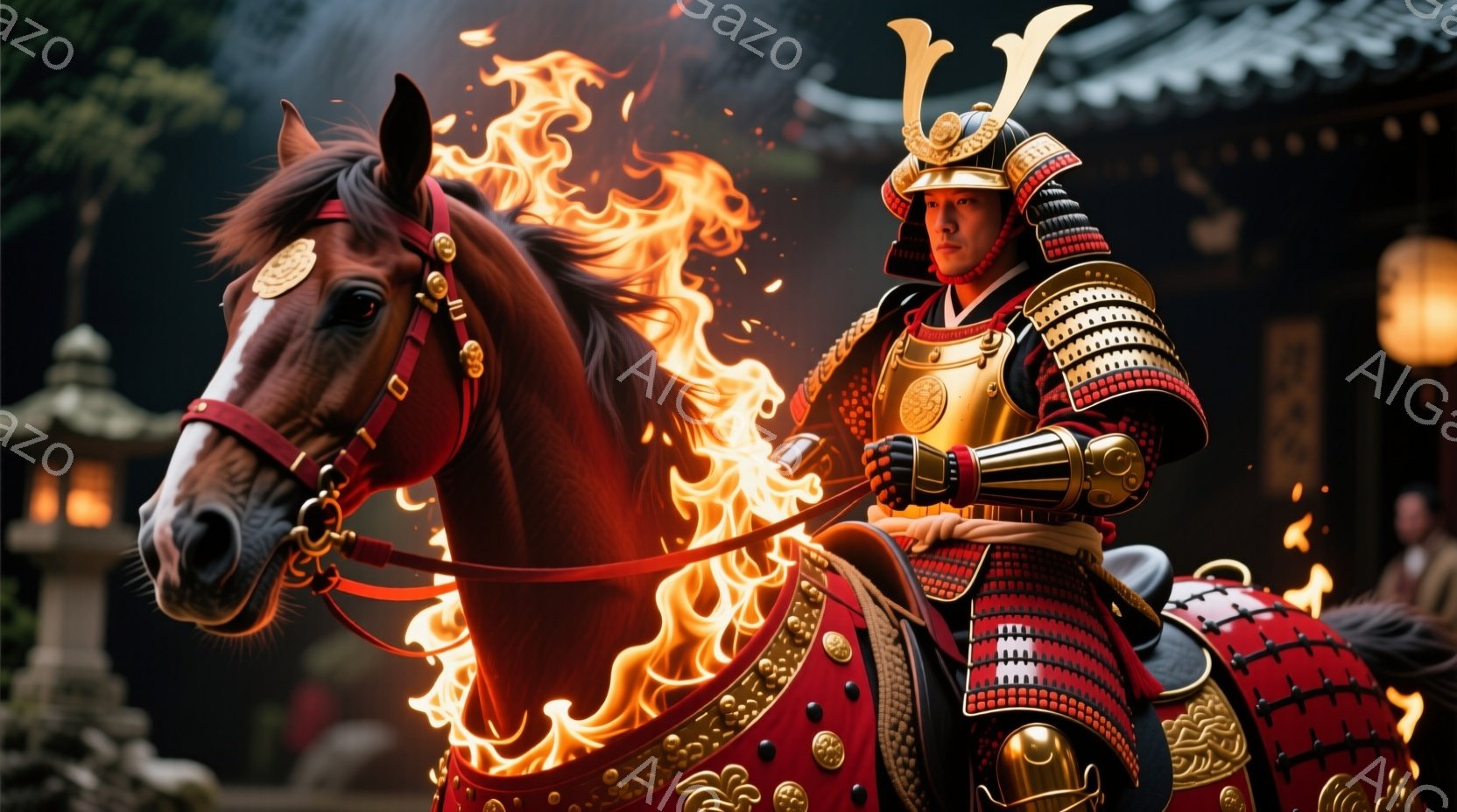鮮やかな赤い甲冑を身に着けた武士が、黒い馬に騎乗しています。兜は金色の装飾が施され、武士の表情は険しく、決意に満ちています。背景には伝統的な日本の建物が見え、周囲には炎が舞い上がり、荘厳で力強い雰囲気を醸し出しています。