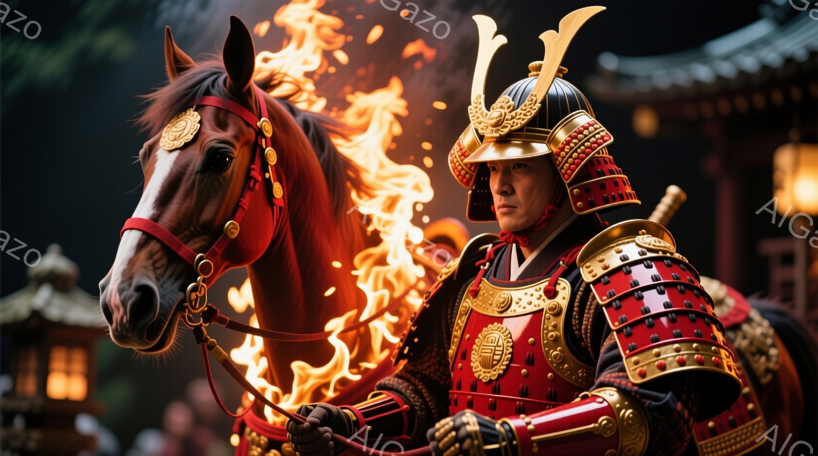 鮮やかな赤い甲冑を身につけた武士が、茶色の馬に乗り、炎に囲まれています。武士は厳粛な表情で前を見据え、堂々とした姿勢を保っています。背景には日本の伝統的な建物が見え、夜間の祭りのような雰囲気が漂ってい - AI生成フリー素材