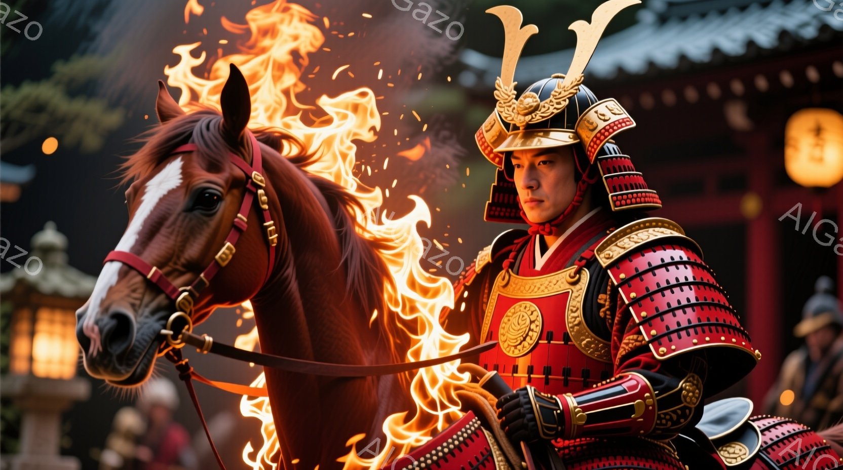 鮮やかな赤色の鎧を身につけた武士が、戦馬に乗り、炎に囲まれている様子が描かれている。兜は金色の角飾りと星型の装飾が施され、表情は真剣で凛々しい。背景には日本の伝統的な建物が見え、燃え盛る炎と武士の姿が - AI生成フリー素材