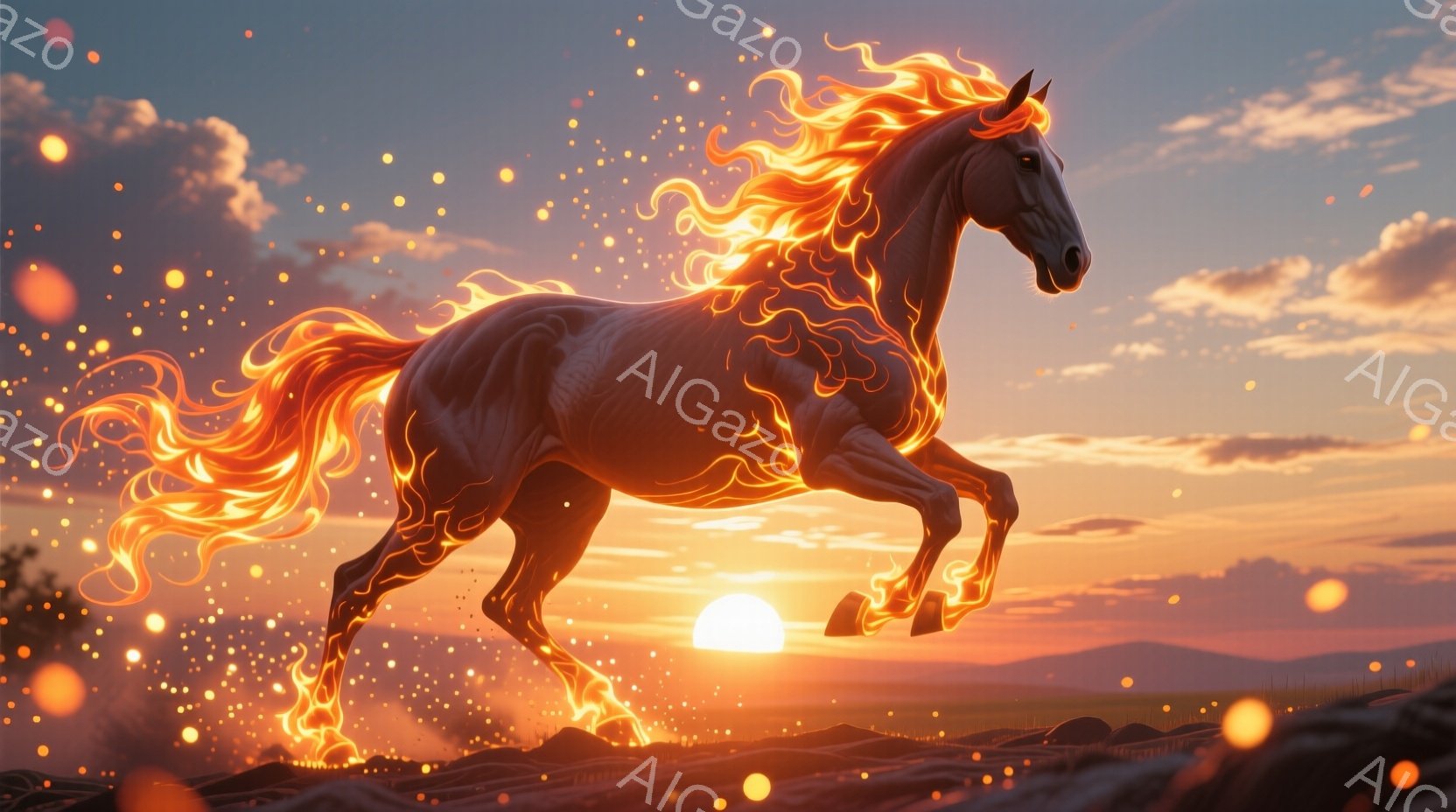 燃え盛る炎のような鬣と尾を持つ、筋肉質な白い馬が草原を疾走している。背景には沈みゆく夕日と、オレンジ色の光に照らされた丘陵地帯が広がり、馬の周囲には無数の光の粒子が舞い散っている。 全体的に力強く、幻想的な雰囲気を醸し出している。