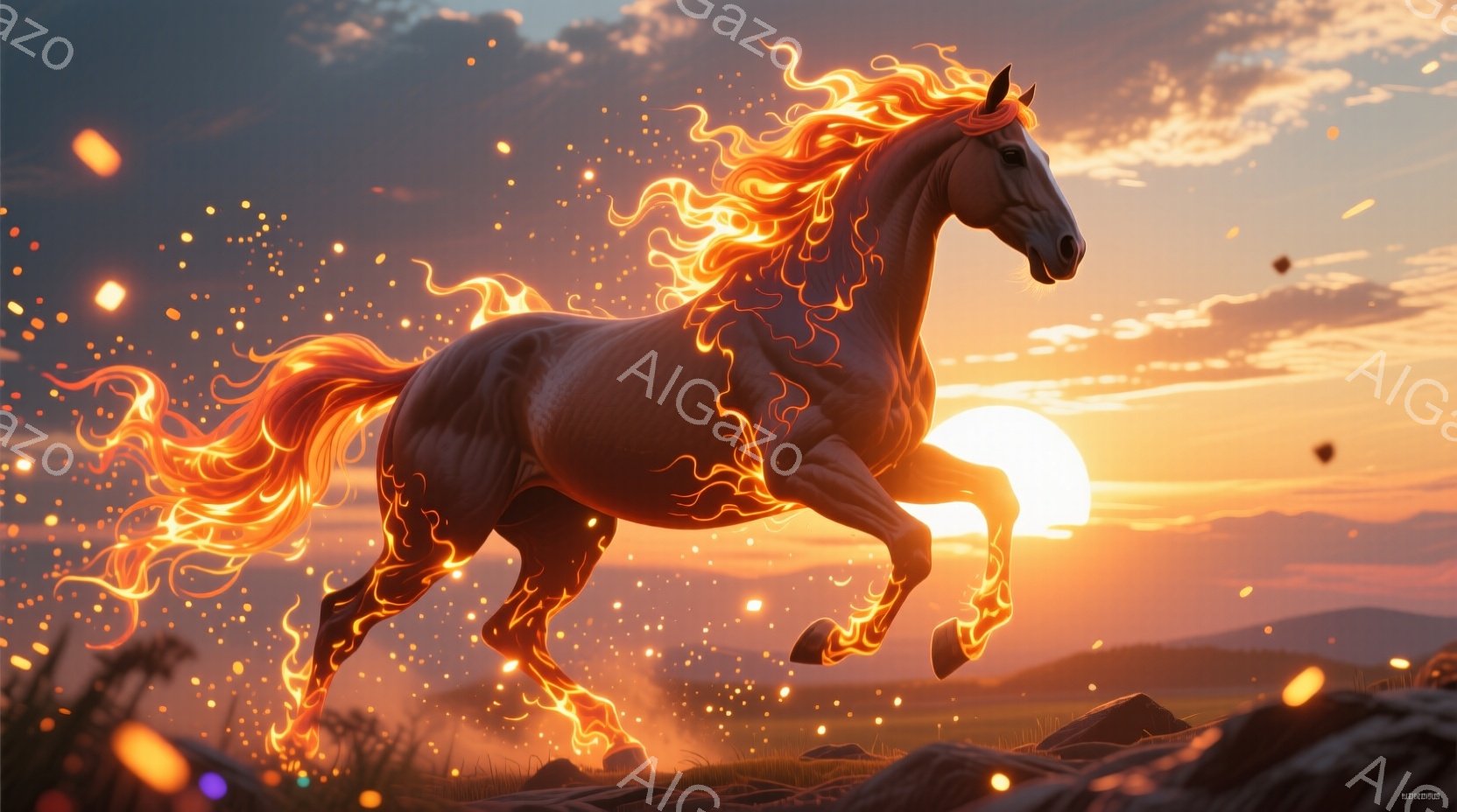 燃え盛る炎のような鬣と尾を持つ黒い馬が、まるで太陽から生まれたかのように疾走している。背景には夕焼けのようなオレンジ色の空と、緑の草原、遠くに見える山々が広がり、馬のシルエットを際立たせている。全体的に力強く、神秘的で、幻想的な雰囲気を醸し出している。
