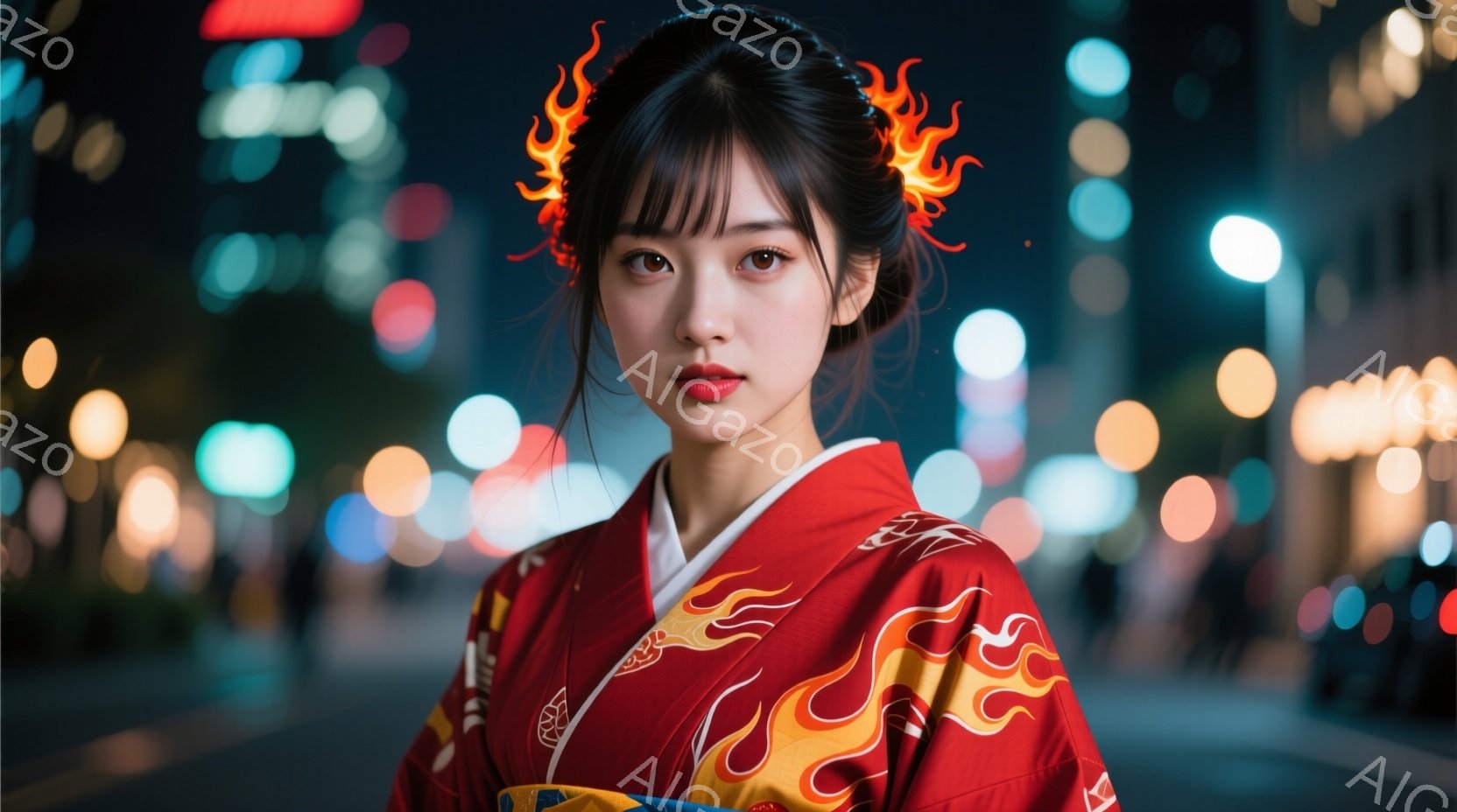 燃えるような炎の模様が描かれた赤い着物を着た若い女性が、カメラの方をまっすぐ見つめています。彼女は黒髪をセンターパートにしており、髪飾りは炎を模したデザインで、鮮やかな印象を与えます。背景は夜の街並み - AI生成フリー素材