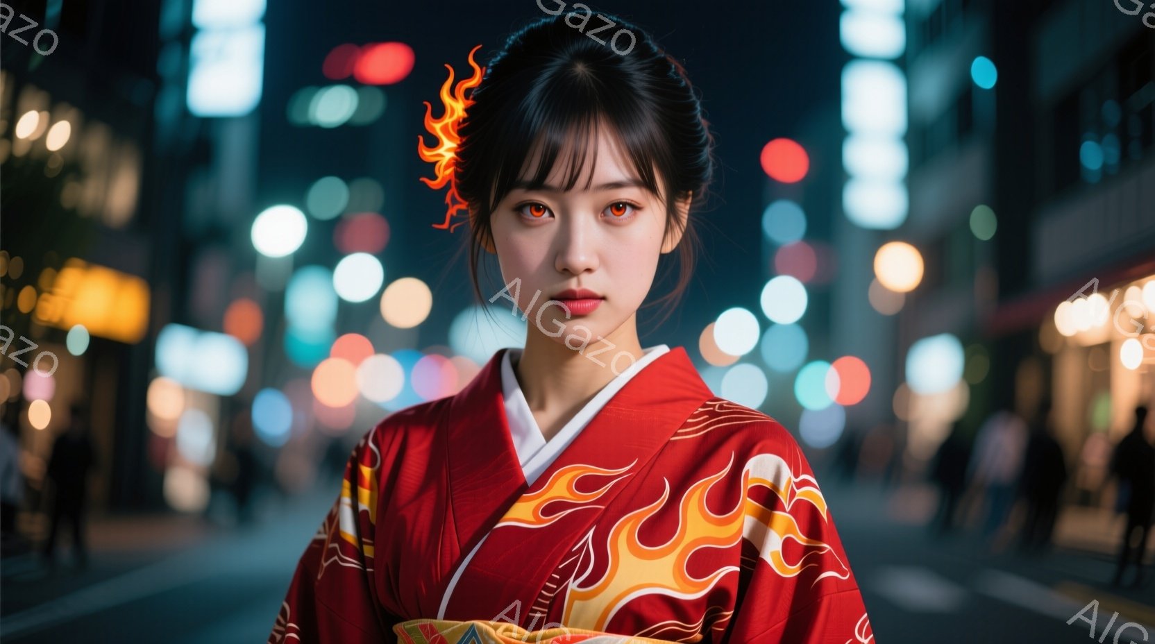 鮮やかな赤色の着物を着た若い女性が正面を向いています。髪は後ろでまとめられ、炎のような装飾が施されています。背景には夜の都市のぼやけた光が広がり、都会の喧騒と女性の凛とした佇まいが対照的です。
