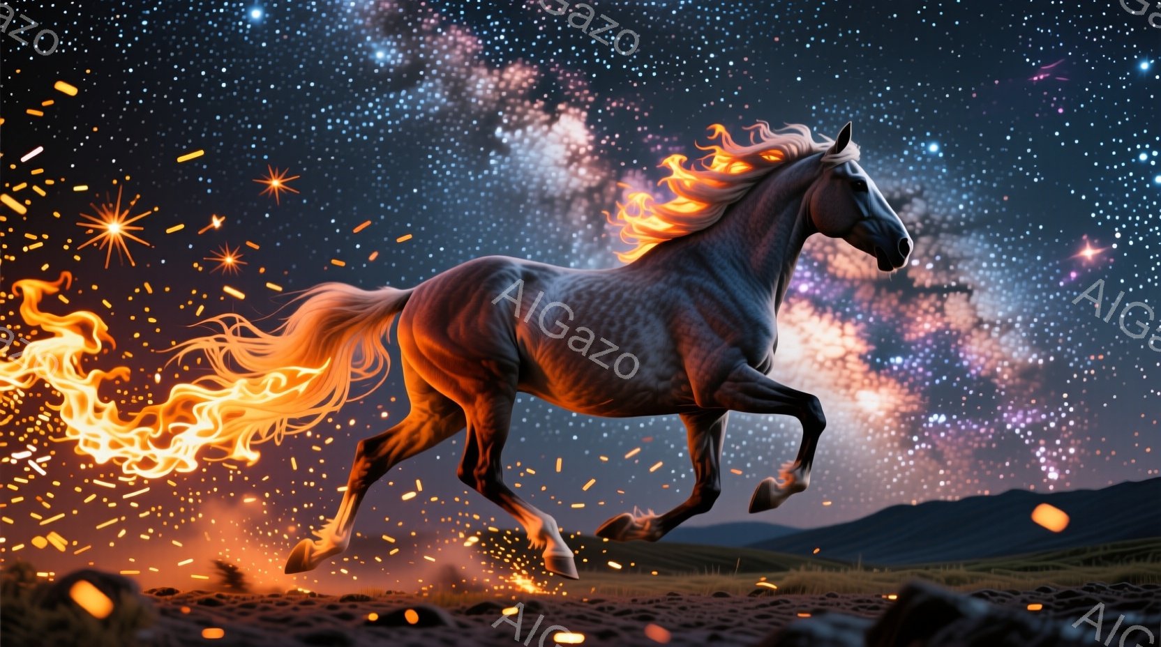 白い馬が荒野を疾走している様子が描かれています。馬のたてがみと尾は炎のように燃え上がり、周囲には煌めく火花が舞い散っています。背景には色彩豊かな銀河が広がり、幻想的で力強い雰囲気を醸し出しています。