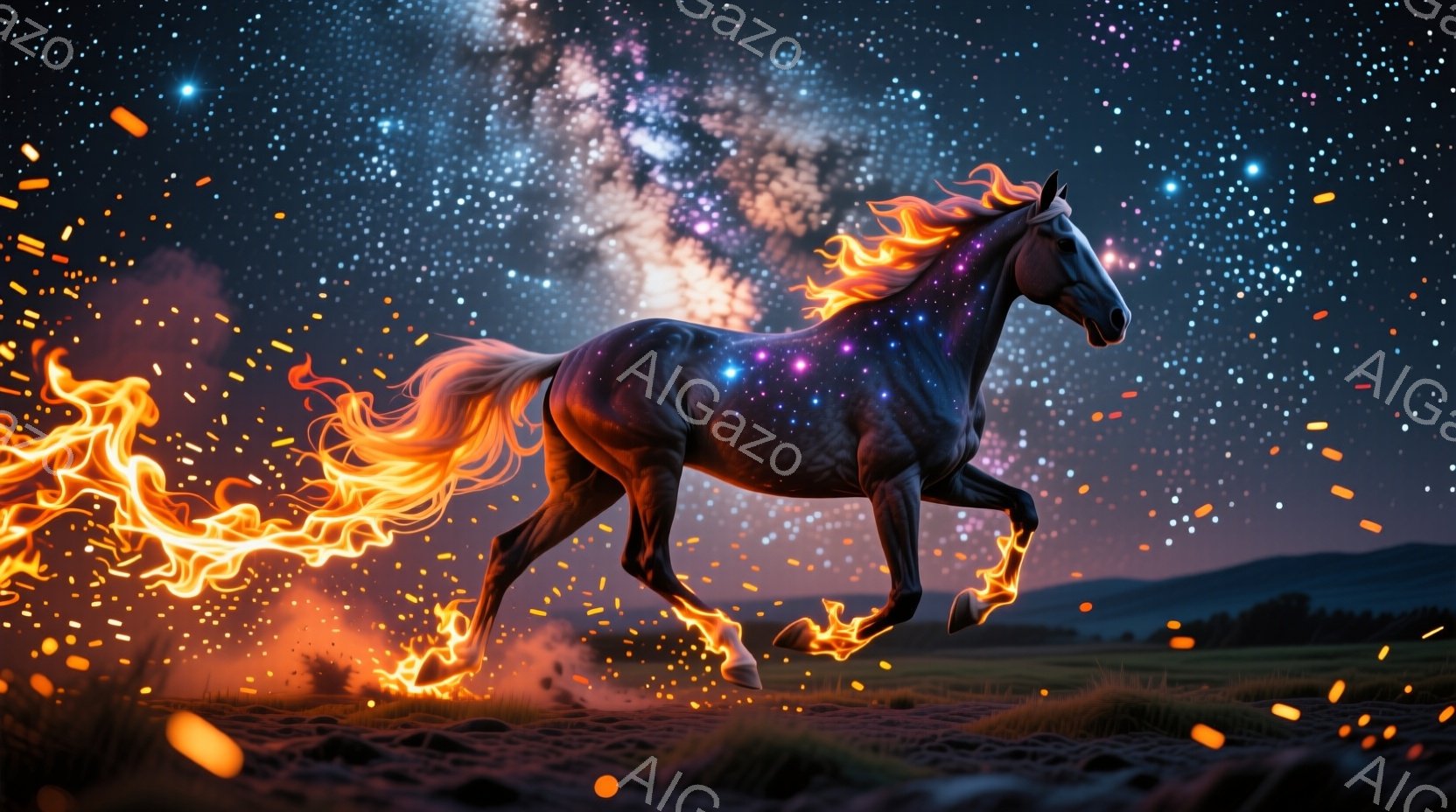 漆黒の馬が、燃え盛る炎のような鬣と脚をもち、草原を疾走している。背景には星空が広がり、馬の体には星屑が散りばめられ、幻想的な雰囲気を醸し出している。馬は力強く大地を蹴り上げ、躍動感に満ちた姿は、まるで夜空を駆け巡る神話の生き物のように見える。