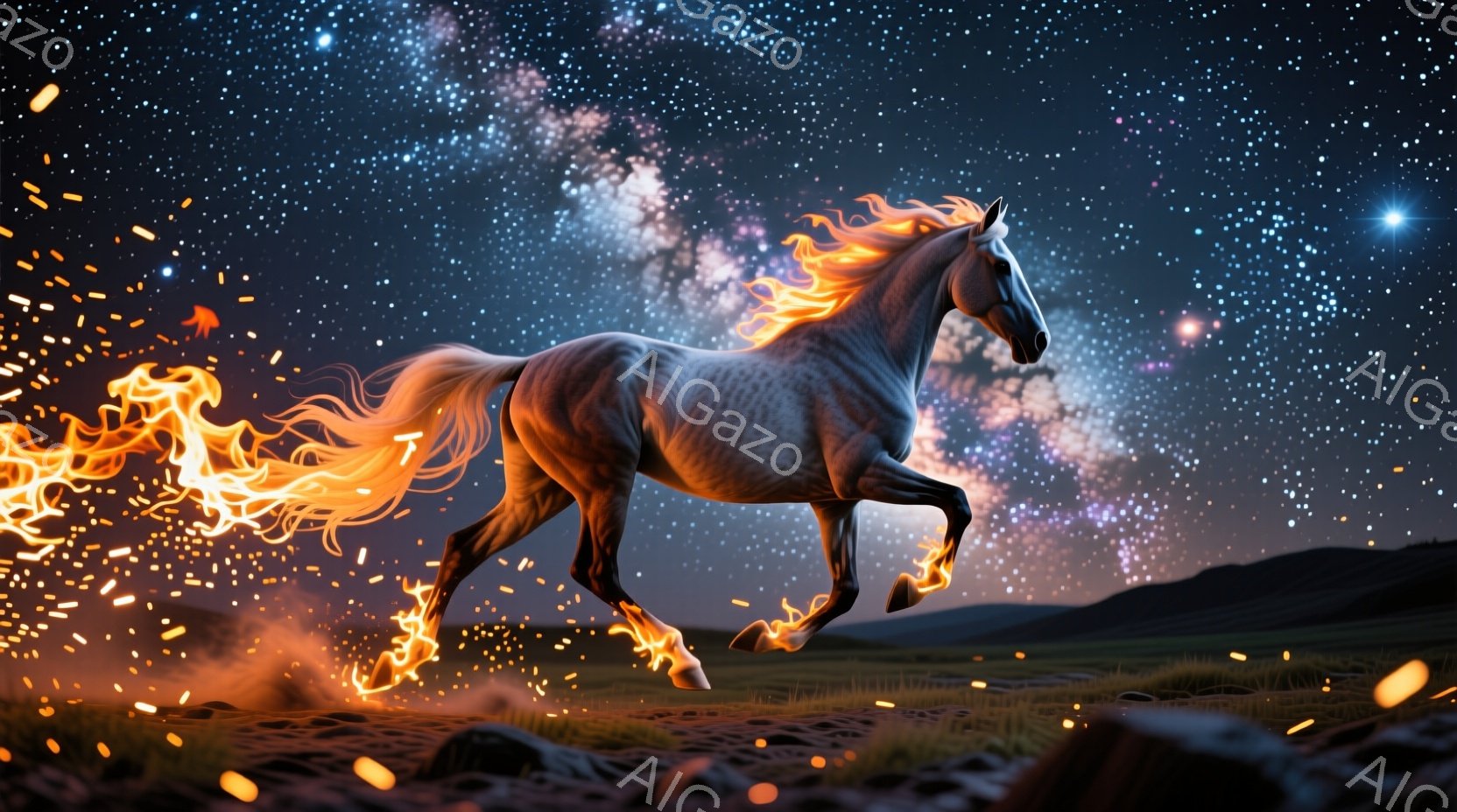 白い馬が、まるで炎のように燃え盛る鬣と蹄を持ち、夜の草原を力強く駆けている。背景には星空が広がり、馬の周囲にはきらめく火花が舞い散り、幻想的で神秘的な雰囲気を醸し出している。草原と遠くに見える山々が、馬の躍動感と星空の壮大さを際立たせている。