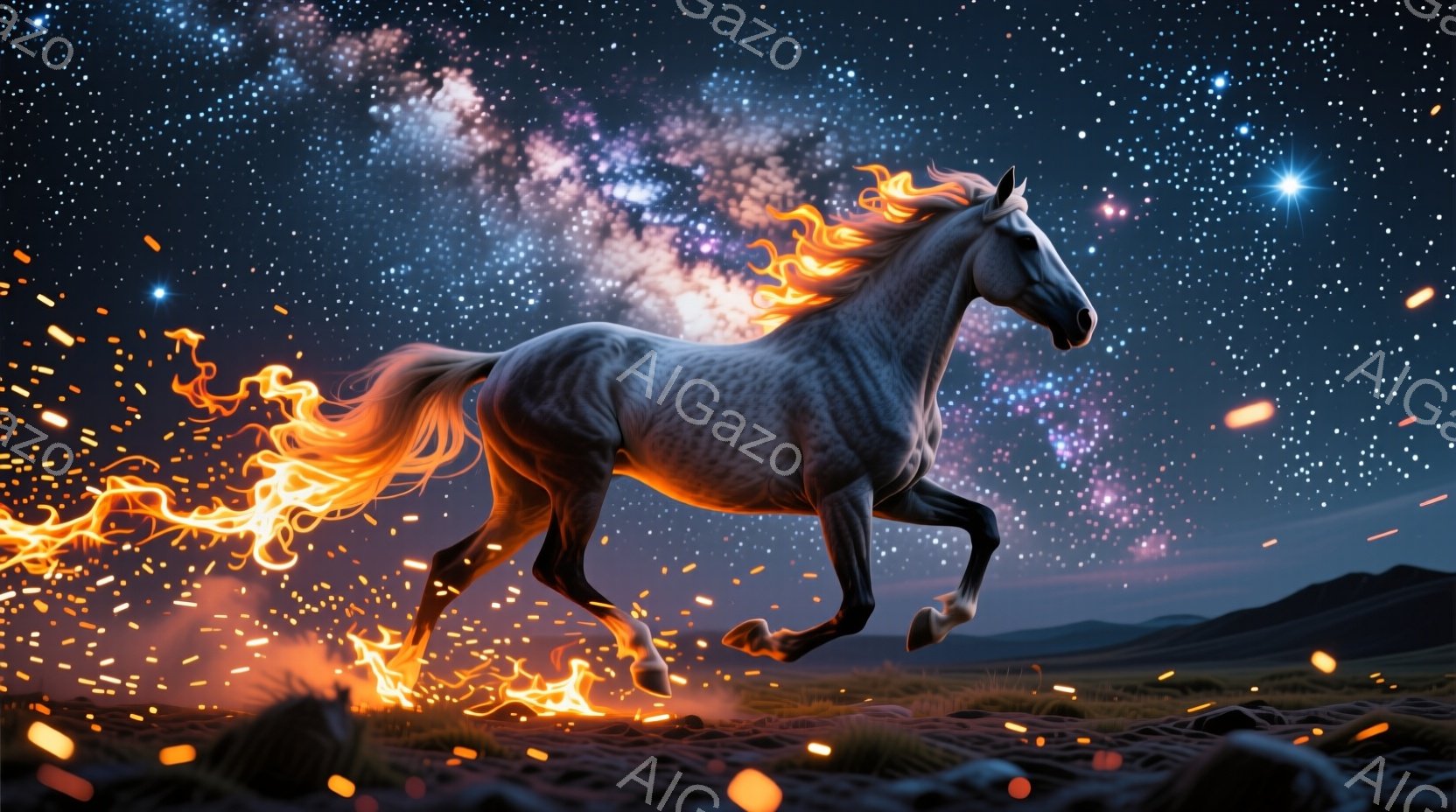 白い馬が夜空を背景に疾走している。そのたてがみと尾は炎のように輝き、周囲に火花が散らばっている。背景には星雲と山々が広がり、幻想的な雰囲気を醸し出している。