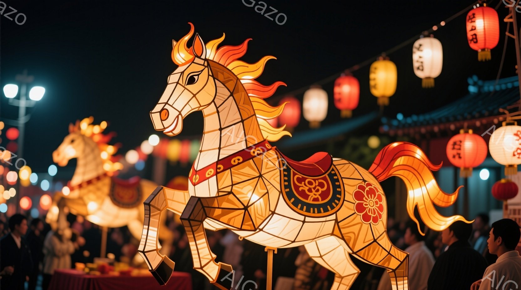夜のイベント会場で、光り輝く巨大な馬の提灯が力強く駆ける姿が捉えられています。提灯は幾何学的なパターンで構成され、オレンジ色の光を放ち、まるで生きた馬のように見えます。背景には、人々が歩き、赤い提灯が - AI生成フリー素材