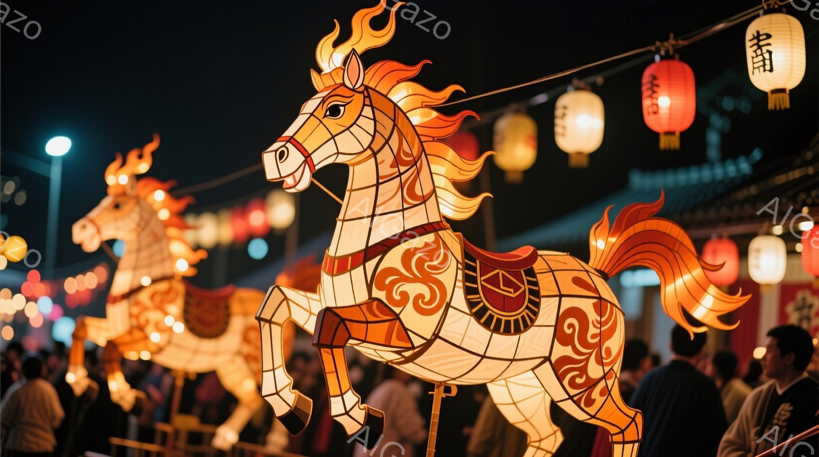 光り輝く巨大な提灯で作られた馬が中央に描かれています。馬は前足を高く上げて躍動感あふれる姿で、複雑な模様が施された胴体には鮮やかな赤い装飾が施されています。背景にはぼんやりと人々の姿や提灯の灯りが見え - AI生成フリー素材