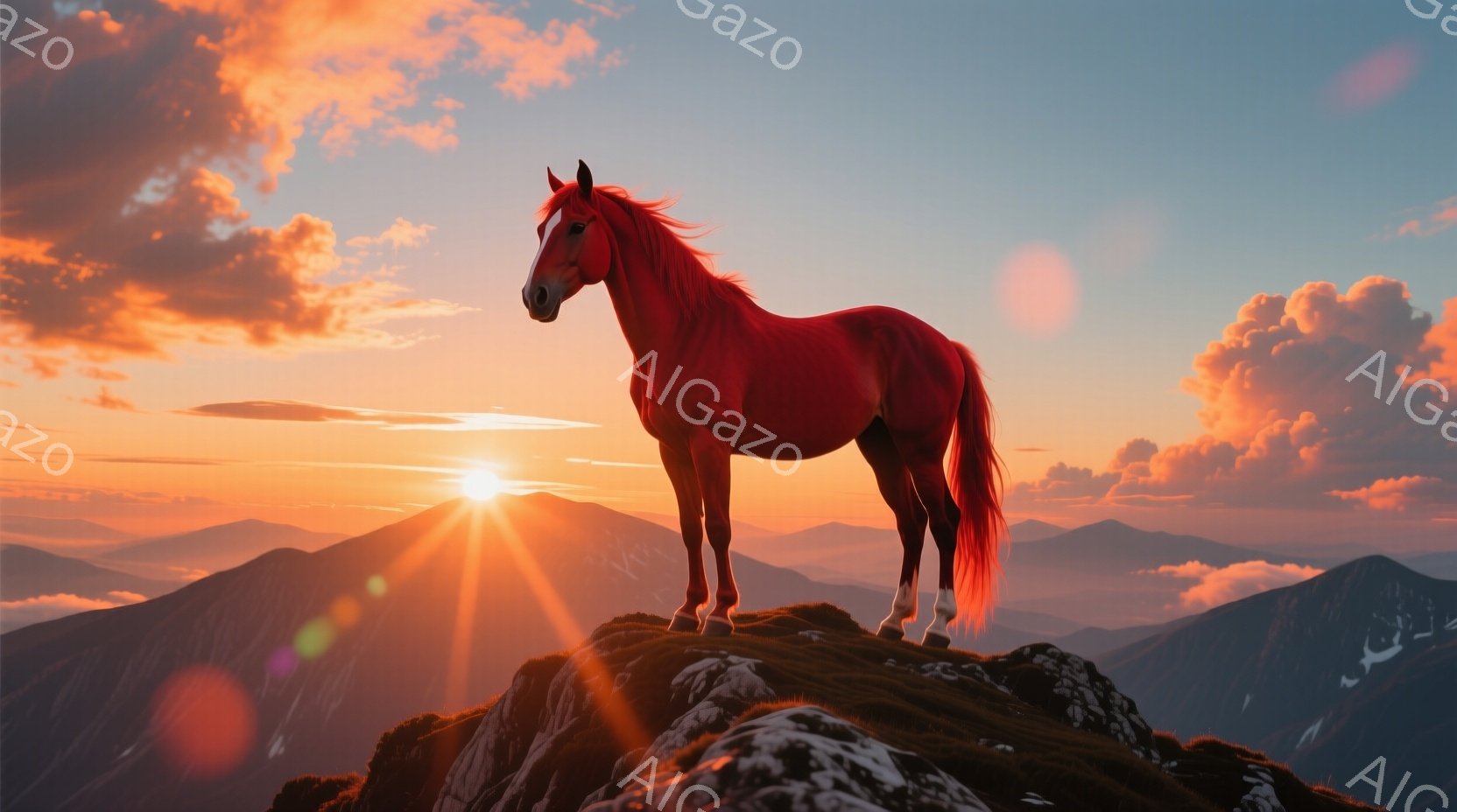 赤い毛並みの馬が、山頂の岩の上に堂々と立っている。背景には雲海と夕焼けが広がり、空はオレンジ色とピンク色のグラデーションで染まっている。力強い太陽光線が馬を照らし、そのシルエットを強調し、壮大で神秘的な雰囲気を醸し出している。