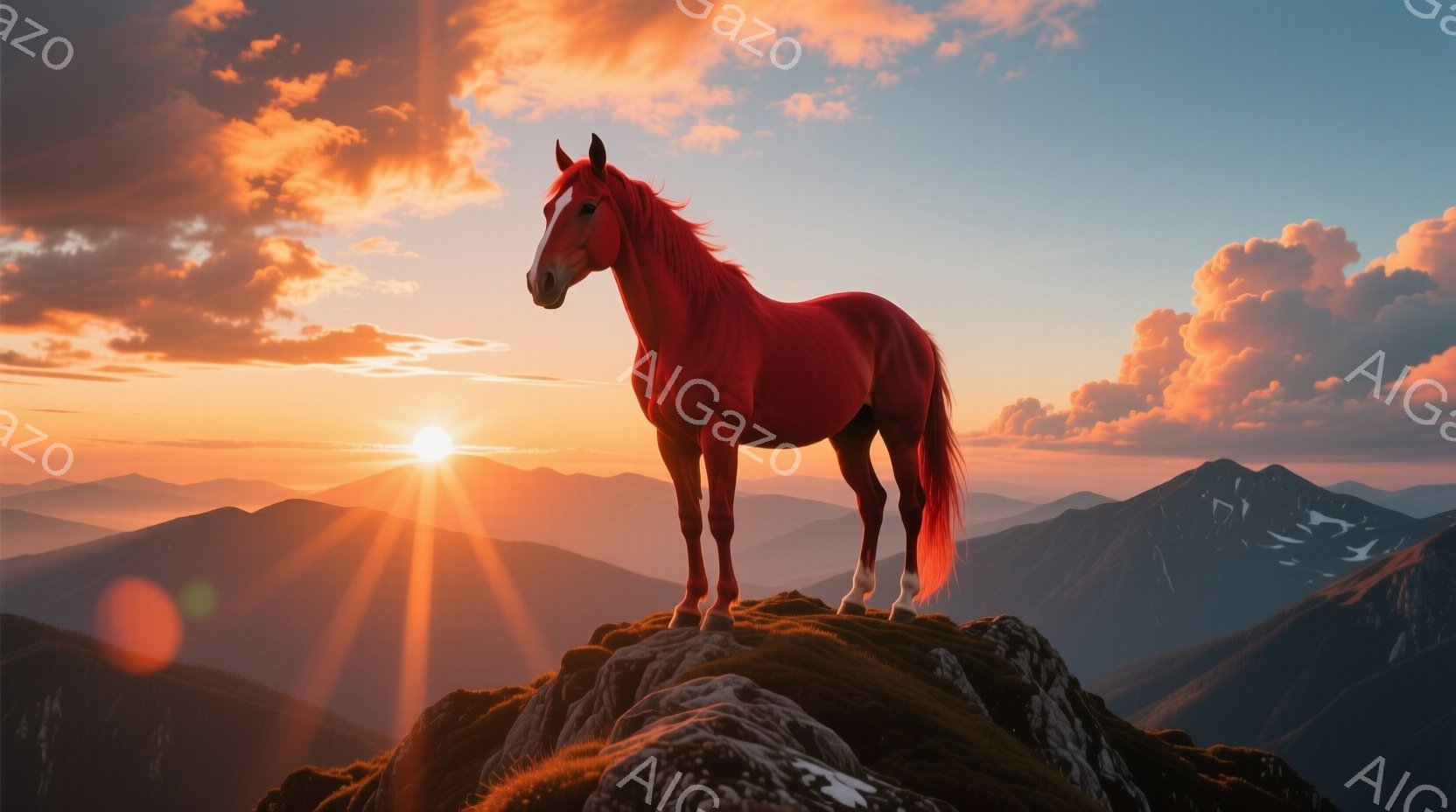 真っ赤な毛並みの馬が、山頂の岩の上に堂々と立っている。背景には、オレンジとピンクの夕焼けが広がり、山々がシルエットのように浮かび上がっている。夕日の光が馬の体全体を照らし、力強く美しい雰囲気を醸し出している。