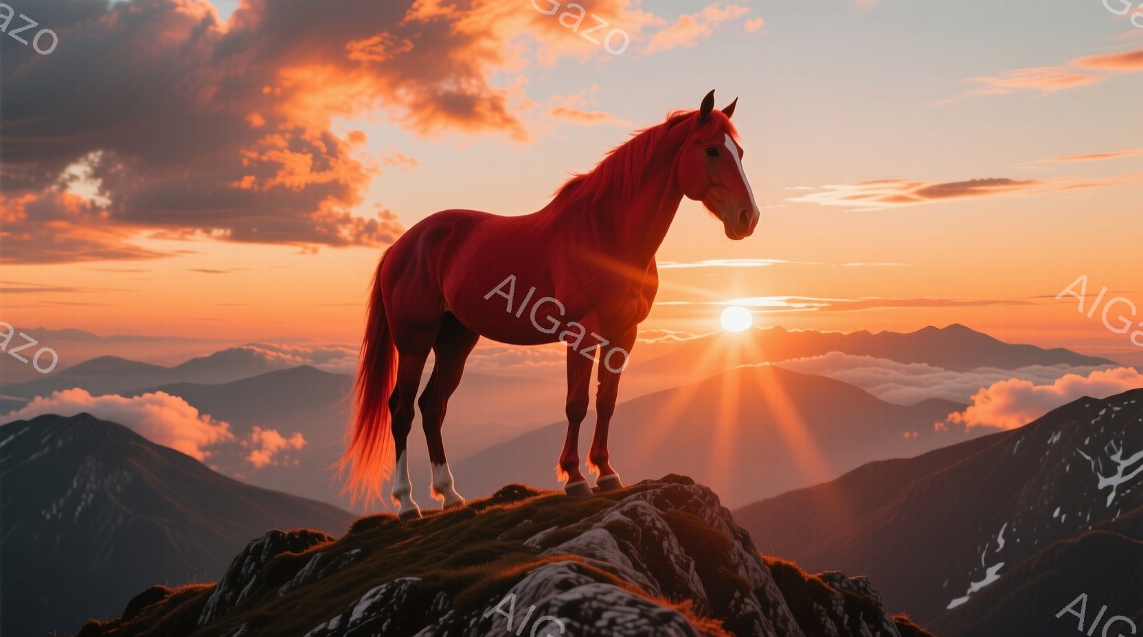 鮮やかな赤毛の馬が、雲海に浮かぶ山々の稜線上に堂々と立っている。夕焼けの光が馬の体全体を照らし、そのシルエットを際立たせている。背景には、霞んだ山々が広がり、壮大で神秘的な雰囲気を醸し出している。 - AI生成フリー素材