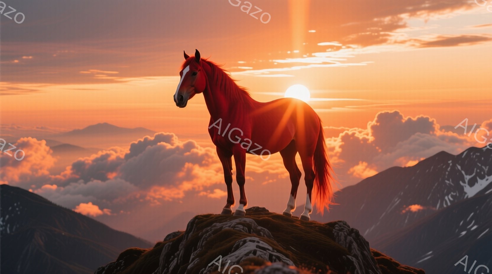 真っ赤な毛並みの馬が、雲海の上にそびえ立つ岩の上に堂々と立っている。背景には山々が連なり、夕焼けのオレンジ色と赤色が空と雲を染め上げ、幻想的な雰囲気を醸し出している。馬のシルエットは力強く、自然と一体 - AI生成フリー素材